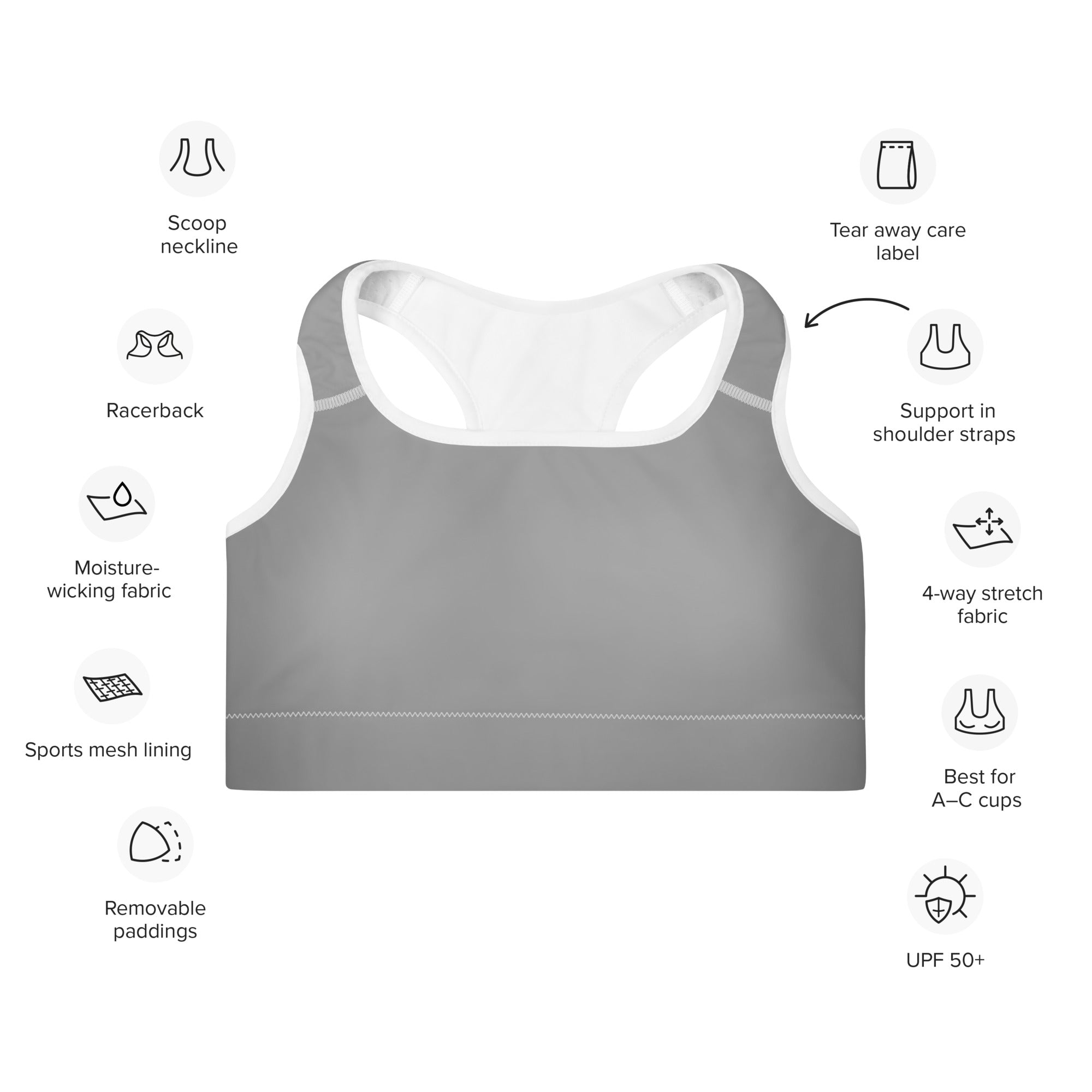 Preppy Aesthetic Grey Padded Sports Bra