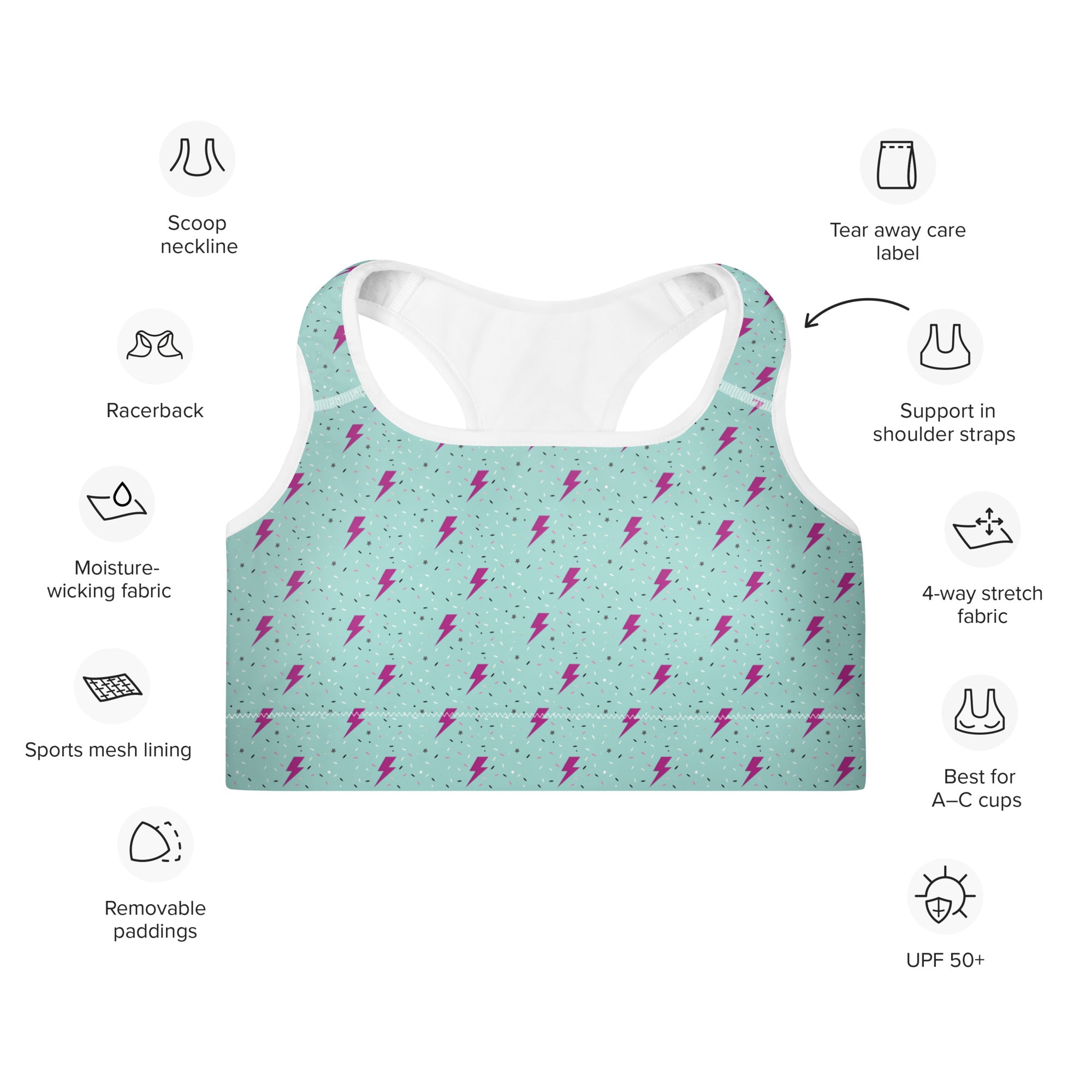 Preppy Green Lightning Bolts Pattern Padded Sports Bra