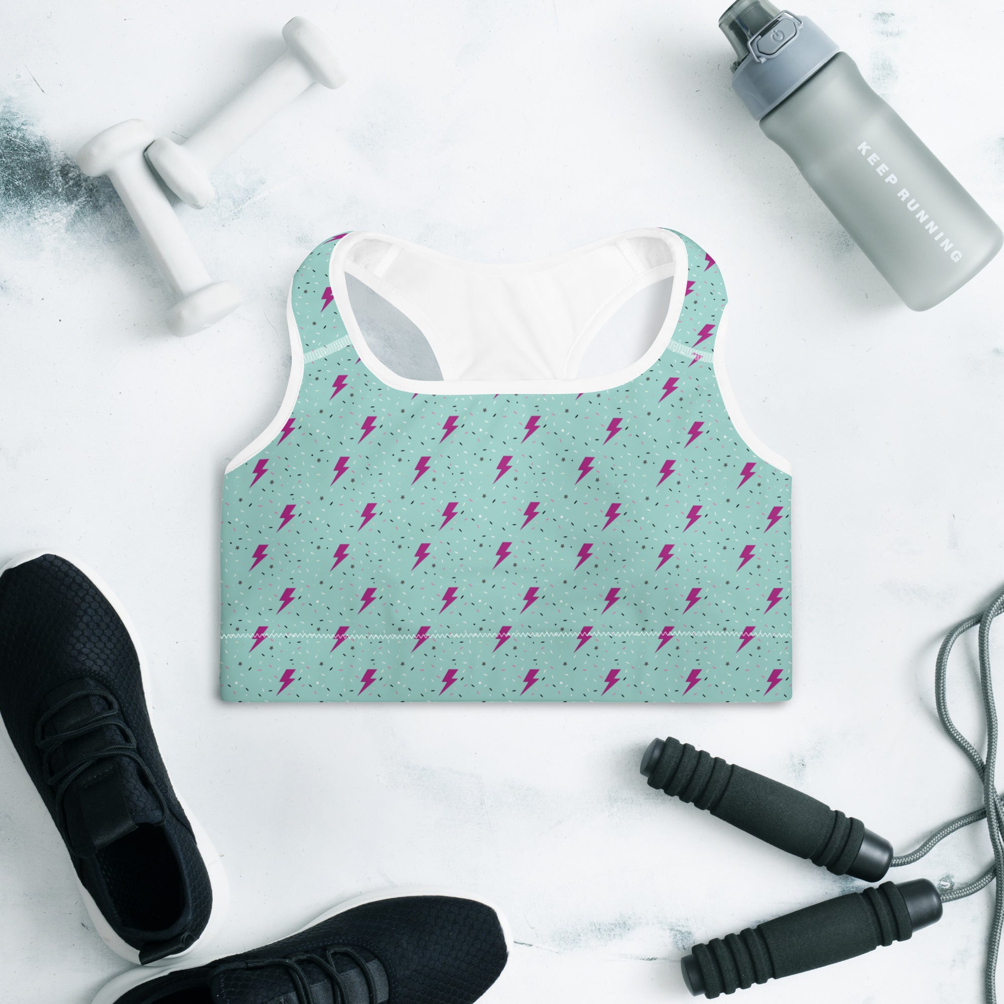 Preppy Green Lightning Bolts Pattern Padded Sports Bra