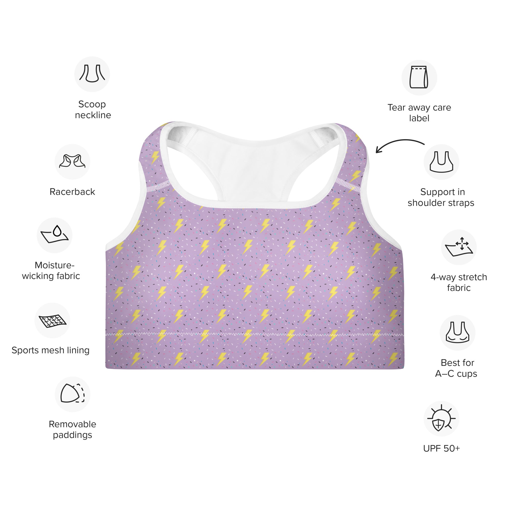Preppy Lightning Bolts Purple Padded Sports Bra