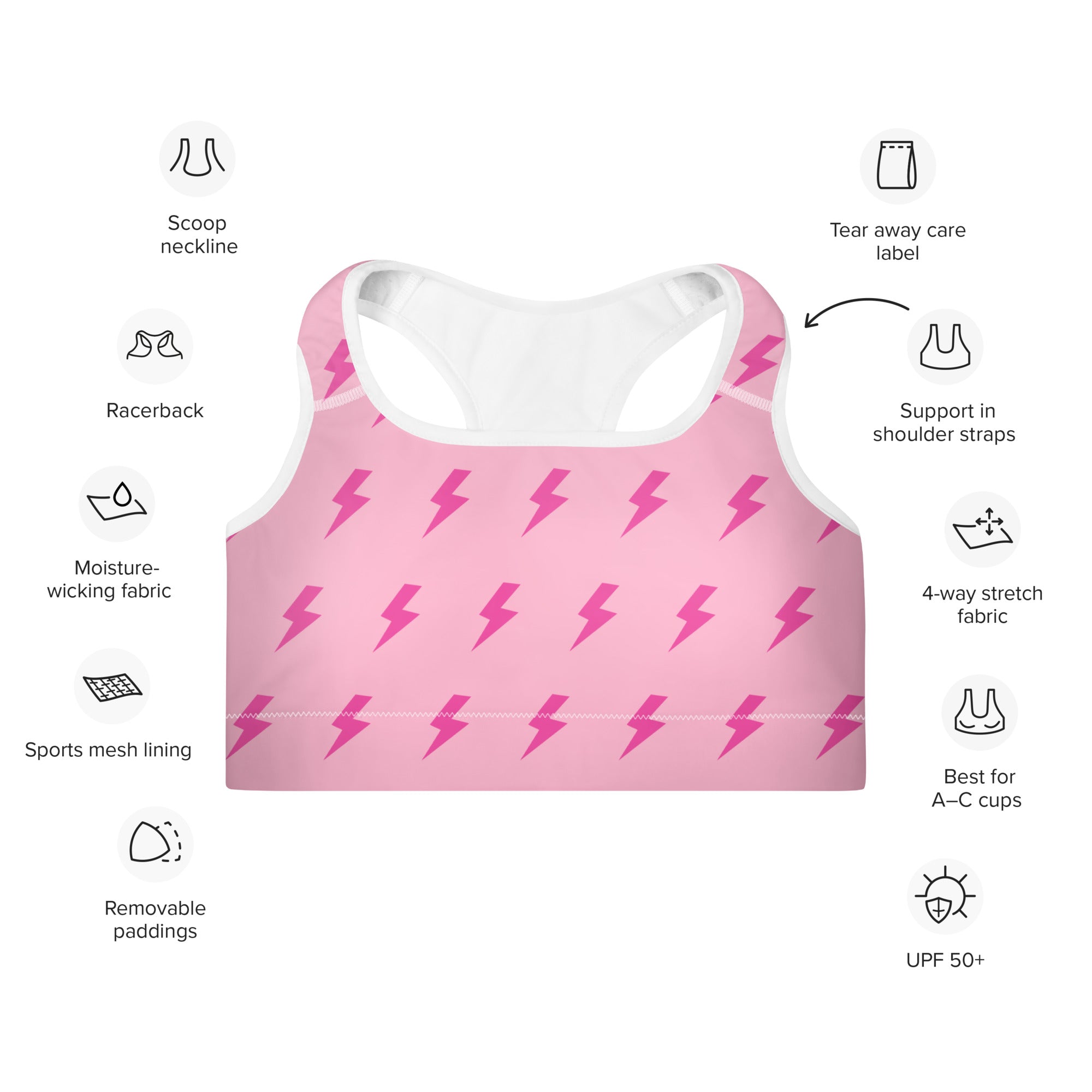 Preppy Pink Lightning Bolts Padded Gym & Sports Bra