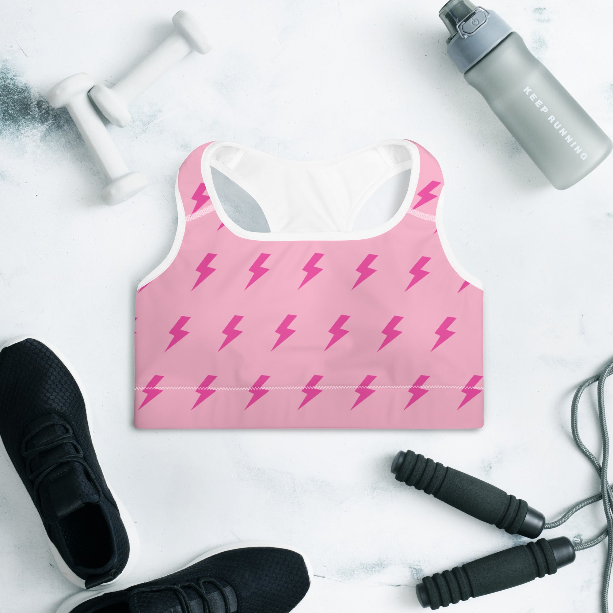 Preppy Pink Lightning Bolts Padded Gym & Sports Bra