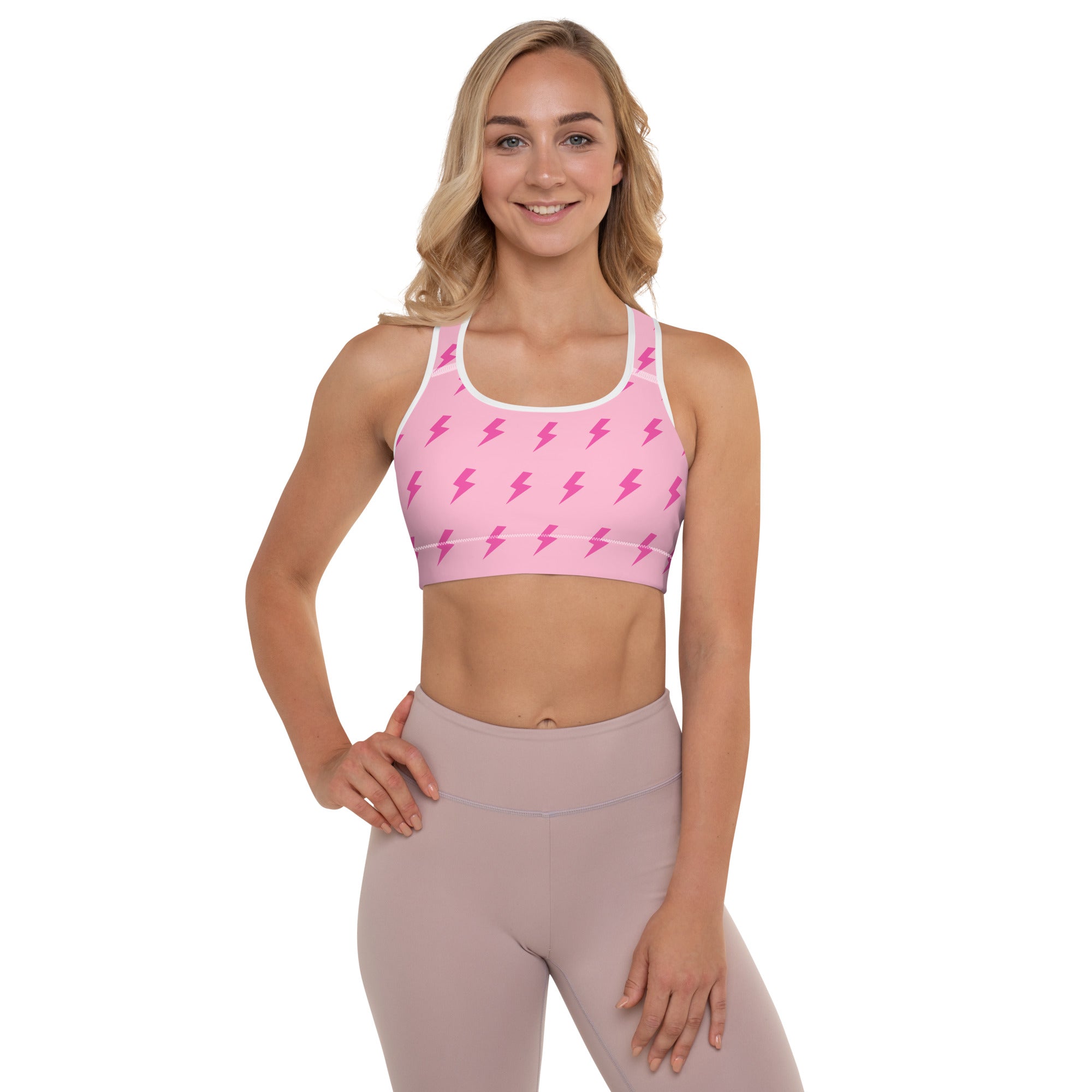 Preppy Pink Lightning Bolts Padded Gym & Sports Bra