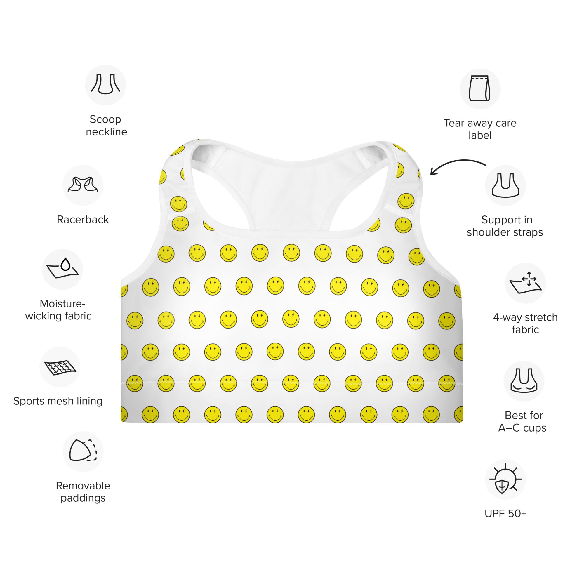 Preppy Smiley Face Padded Gym & Sports Bra