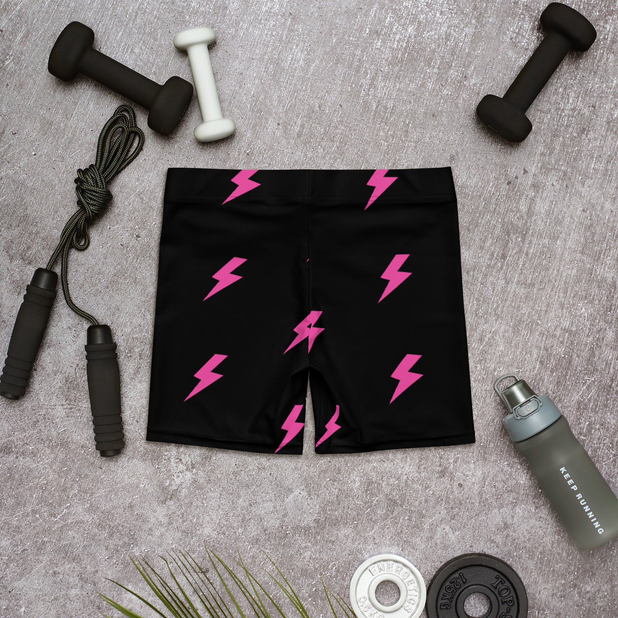 Preppy Pink Lightning Bolts Black Running Tight Shorts for Women