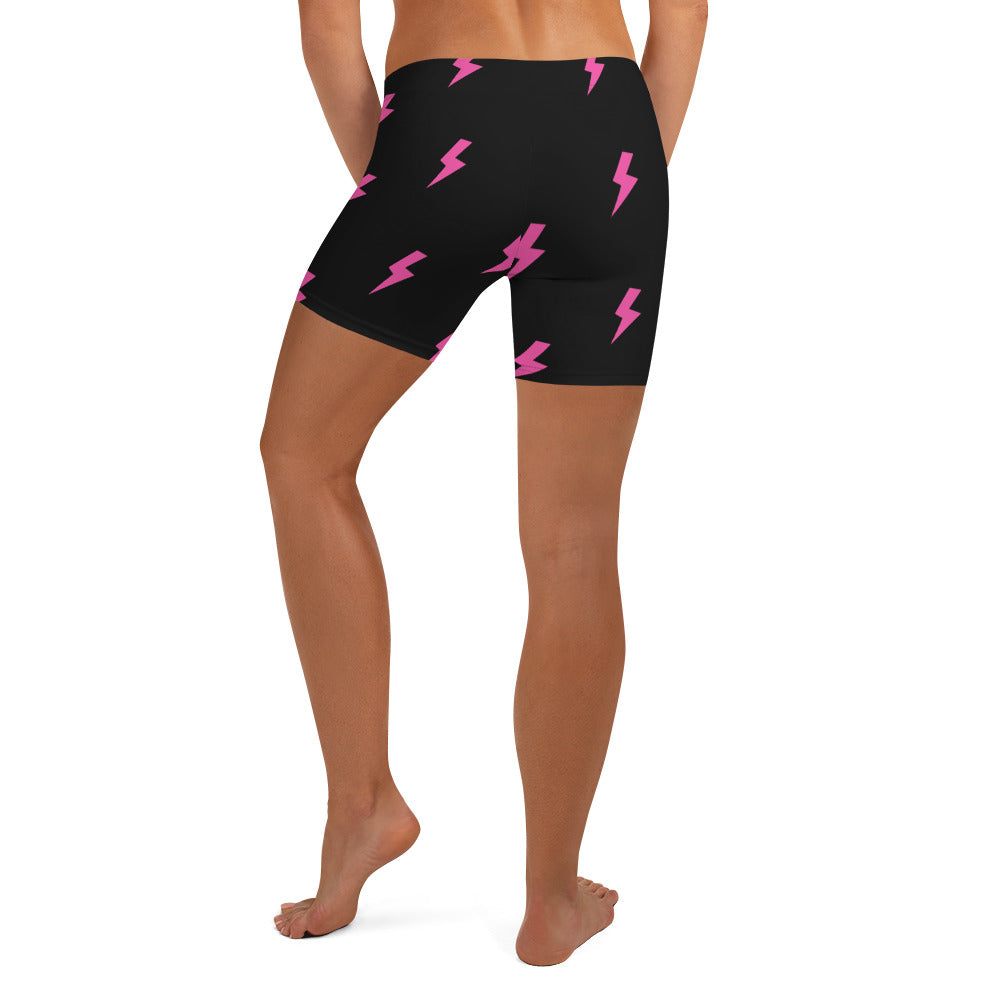 Preppy Pink Lightning Bolts Black Running Tight Shorts for Women