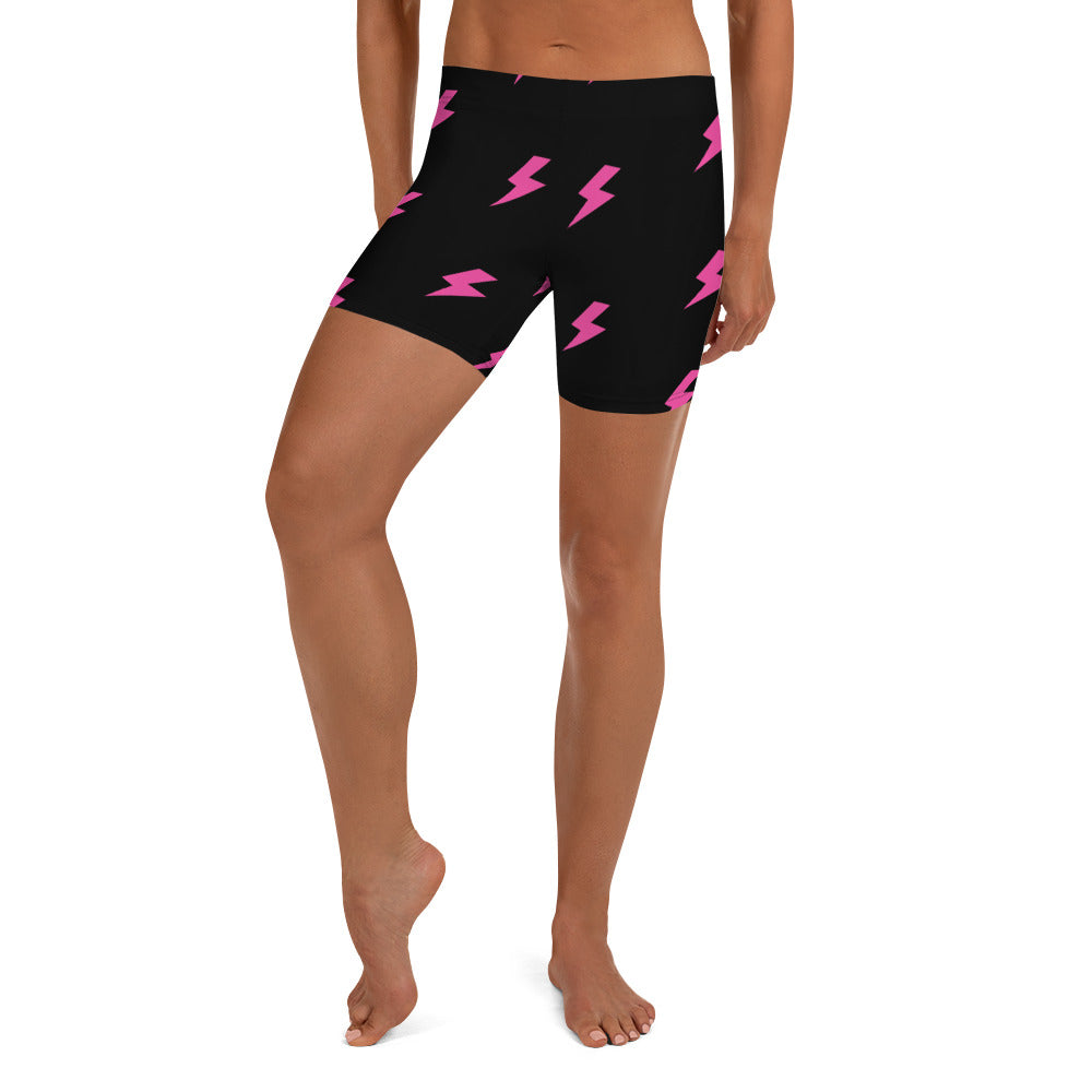 Preppy Pink Lightning Bolts Black Running Tight Shorts for Women