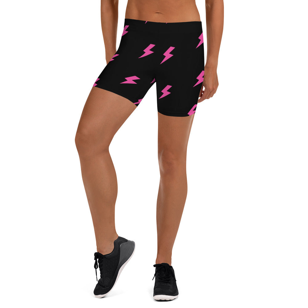 Preppy Pink Lightning Bolts Black Running Tight Shorts for Women