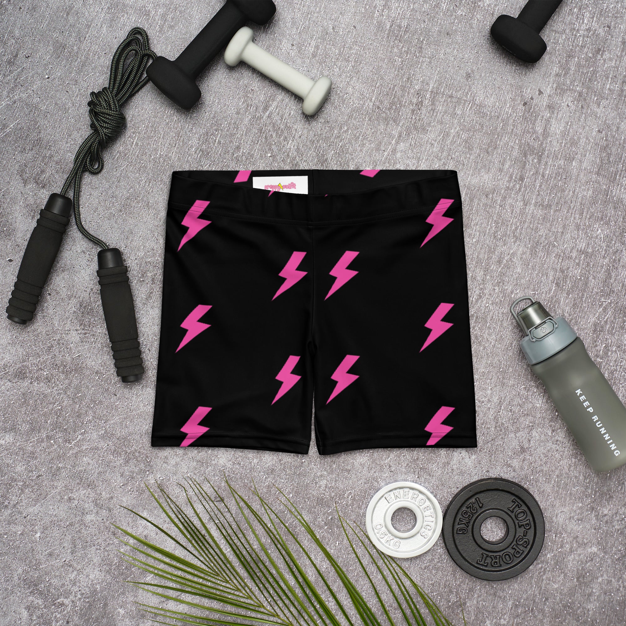 Preppy Pink Lightning Bolts Black Running Tight Shorts for Women