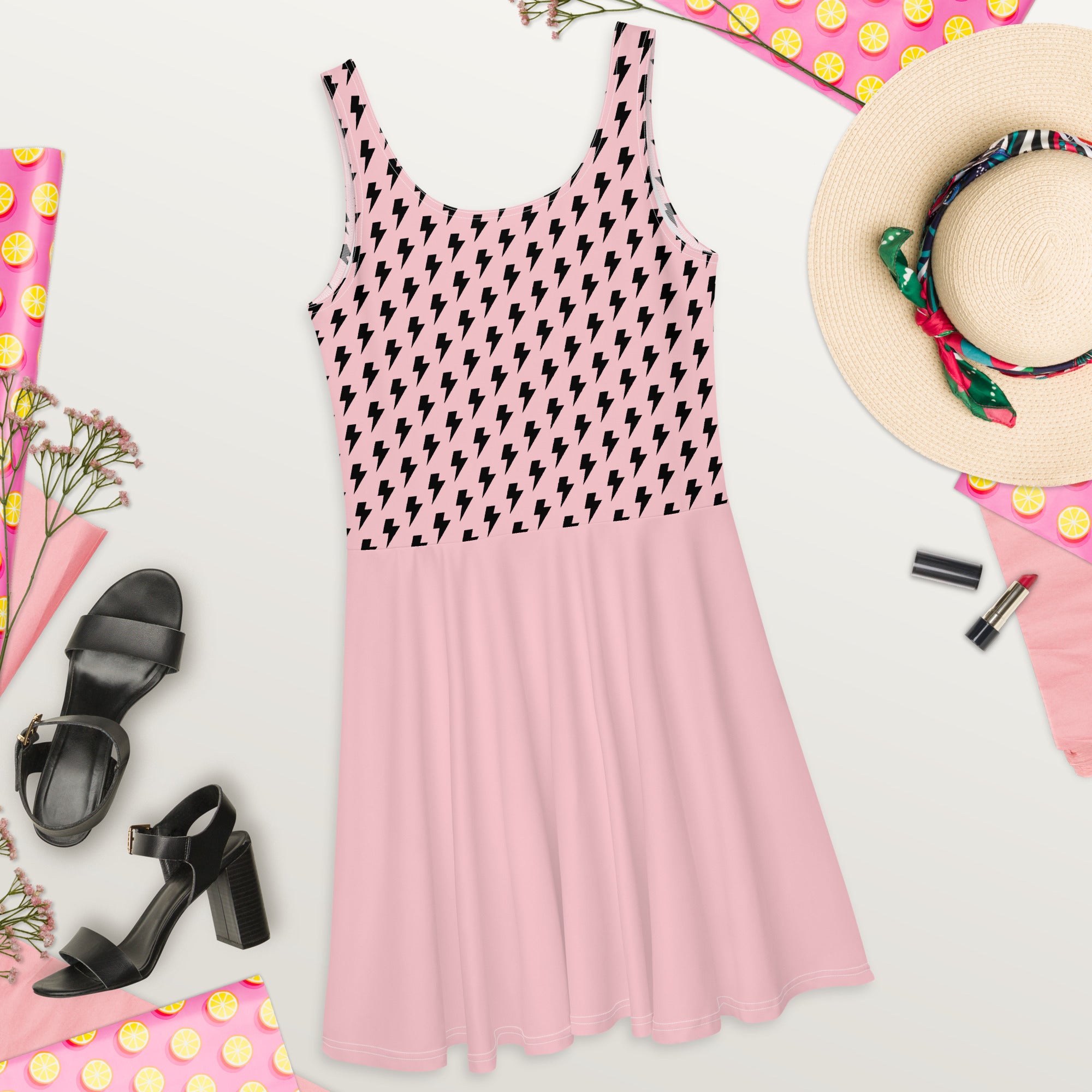 Preppy Pink Bolt Print Skater Dress