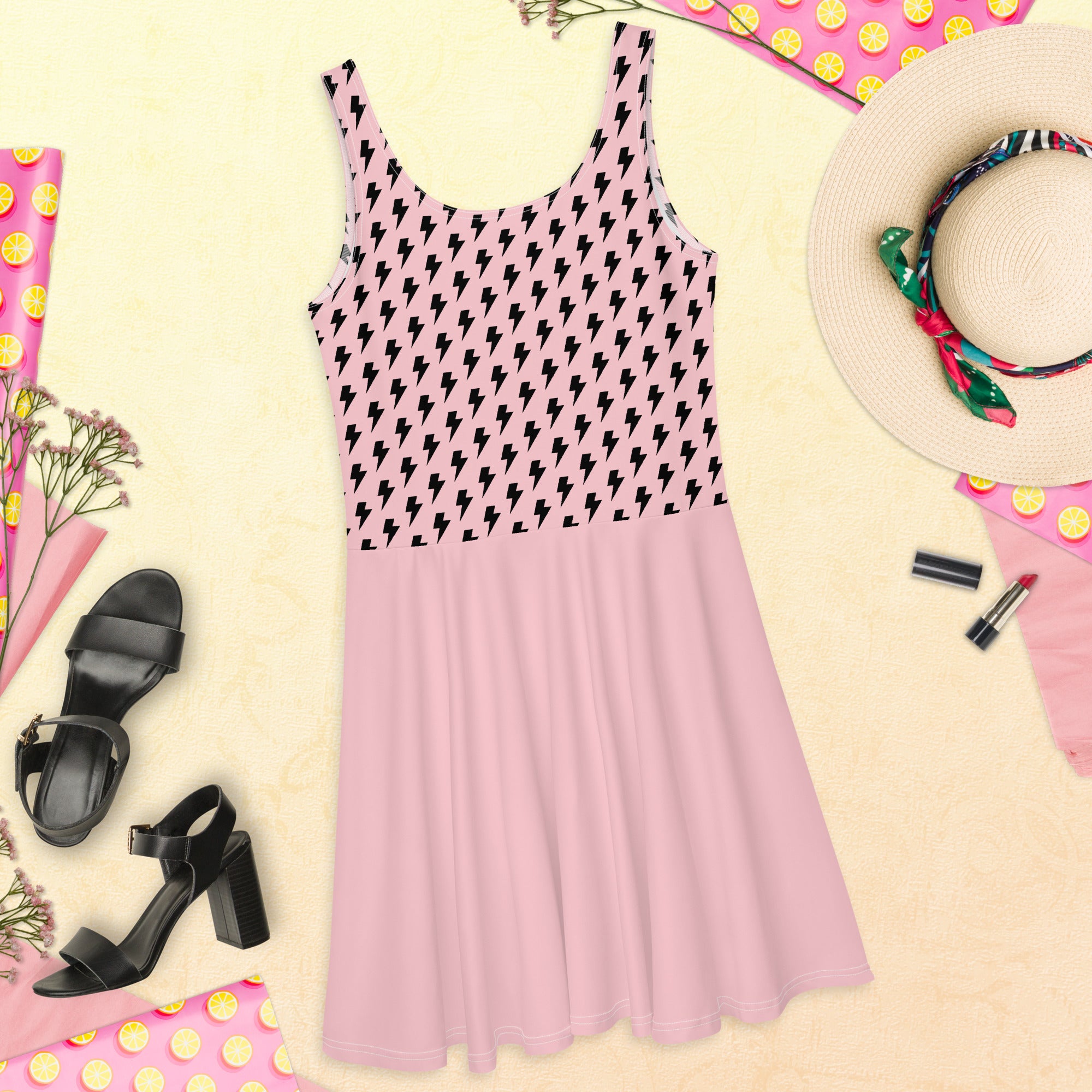 Preppy Pink Bolt Print Skater Dress