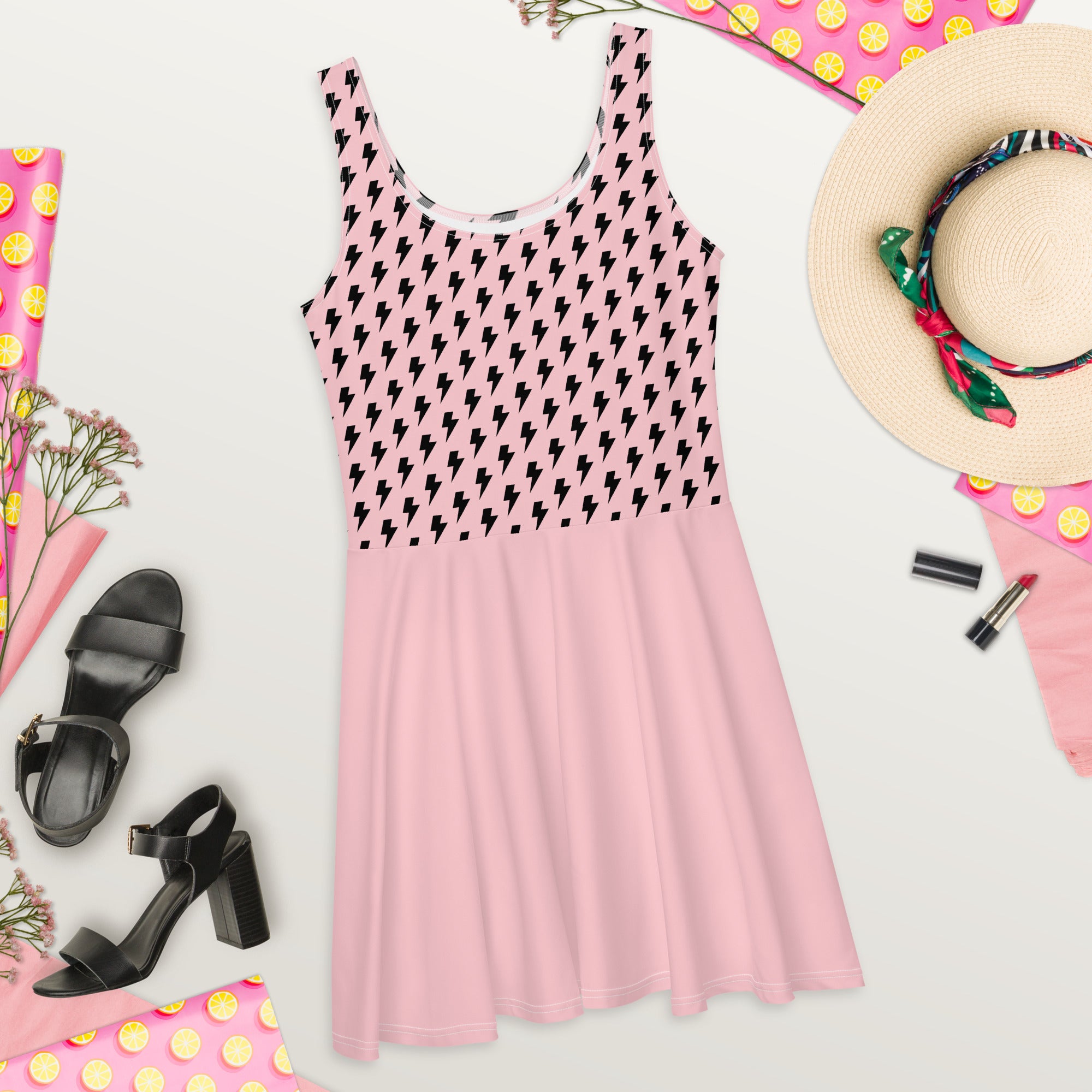 Preppy Pink Bolt Print Skater Dress
