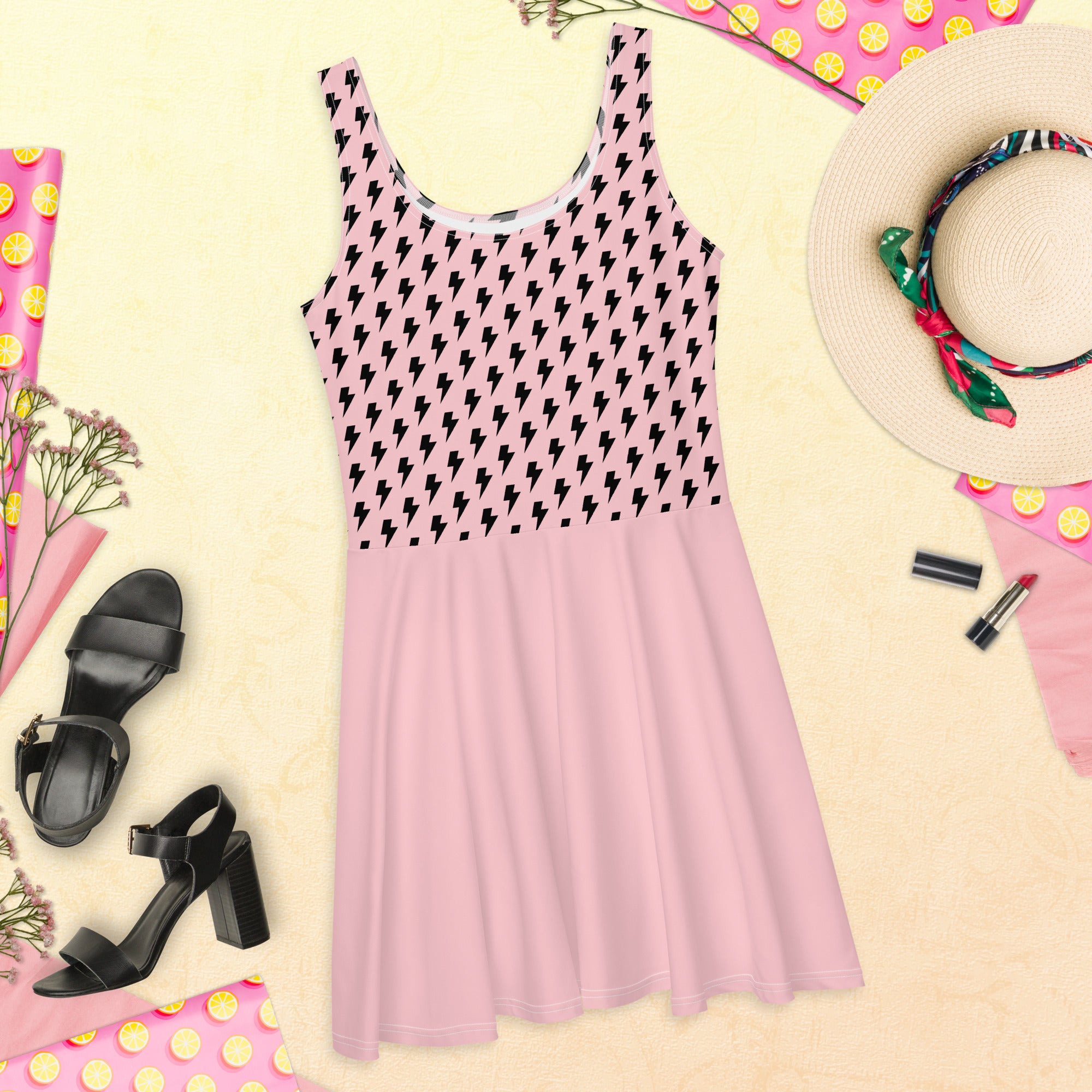 Preppy Pink Bolt Print Skater Dress