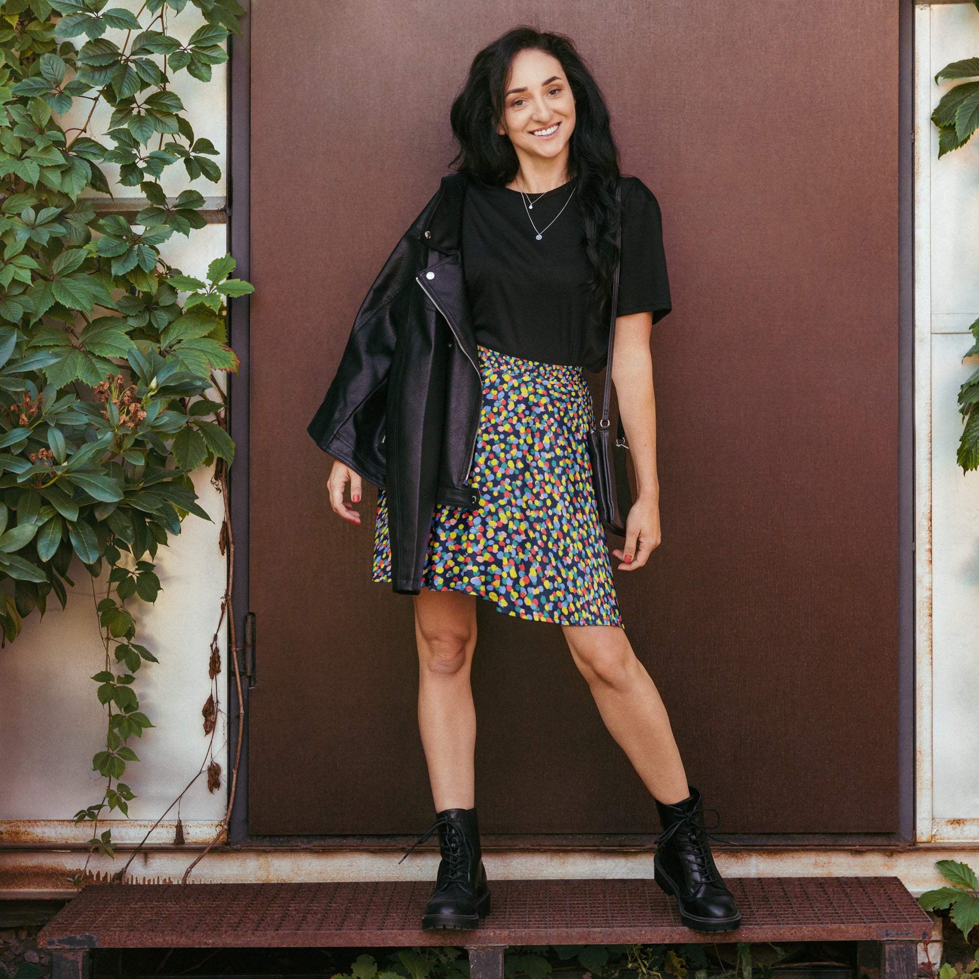 Preppy Multi Colored Circle Black Skate Skirt