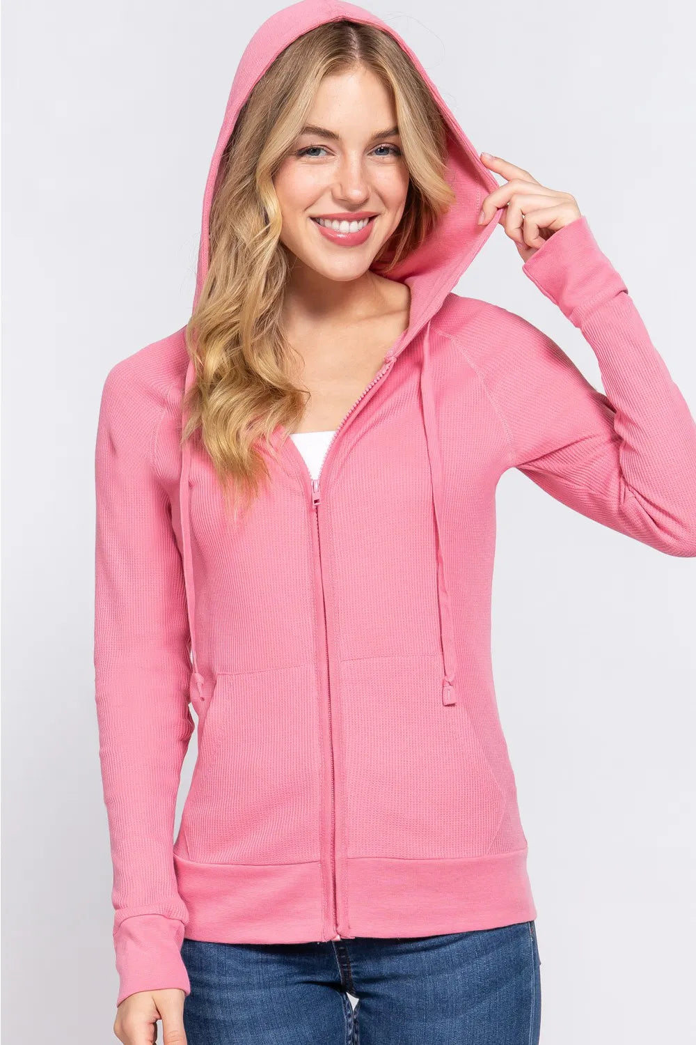 Waffle Knit Preppy Zip Up Hoodie – Long Sleeve