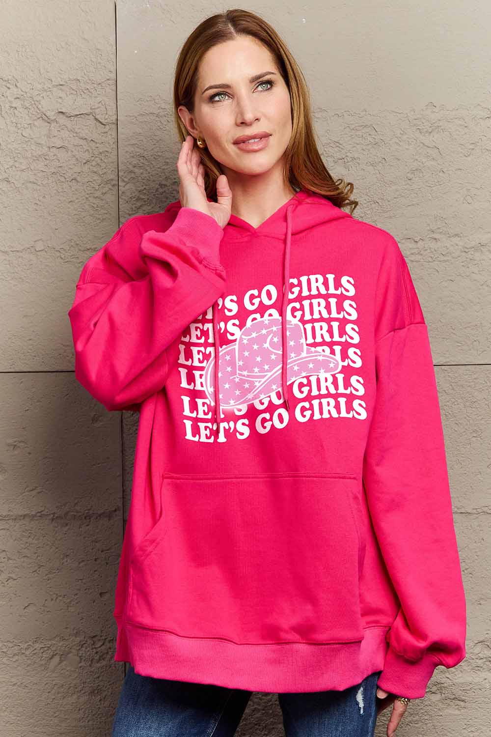 LET’S GO GIRLS Graphic Preppy Dropped Shoulder Hoodie
