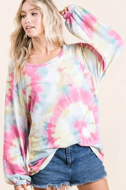Preppy Tie-Dye Puff Sleeve Top by BiBi