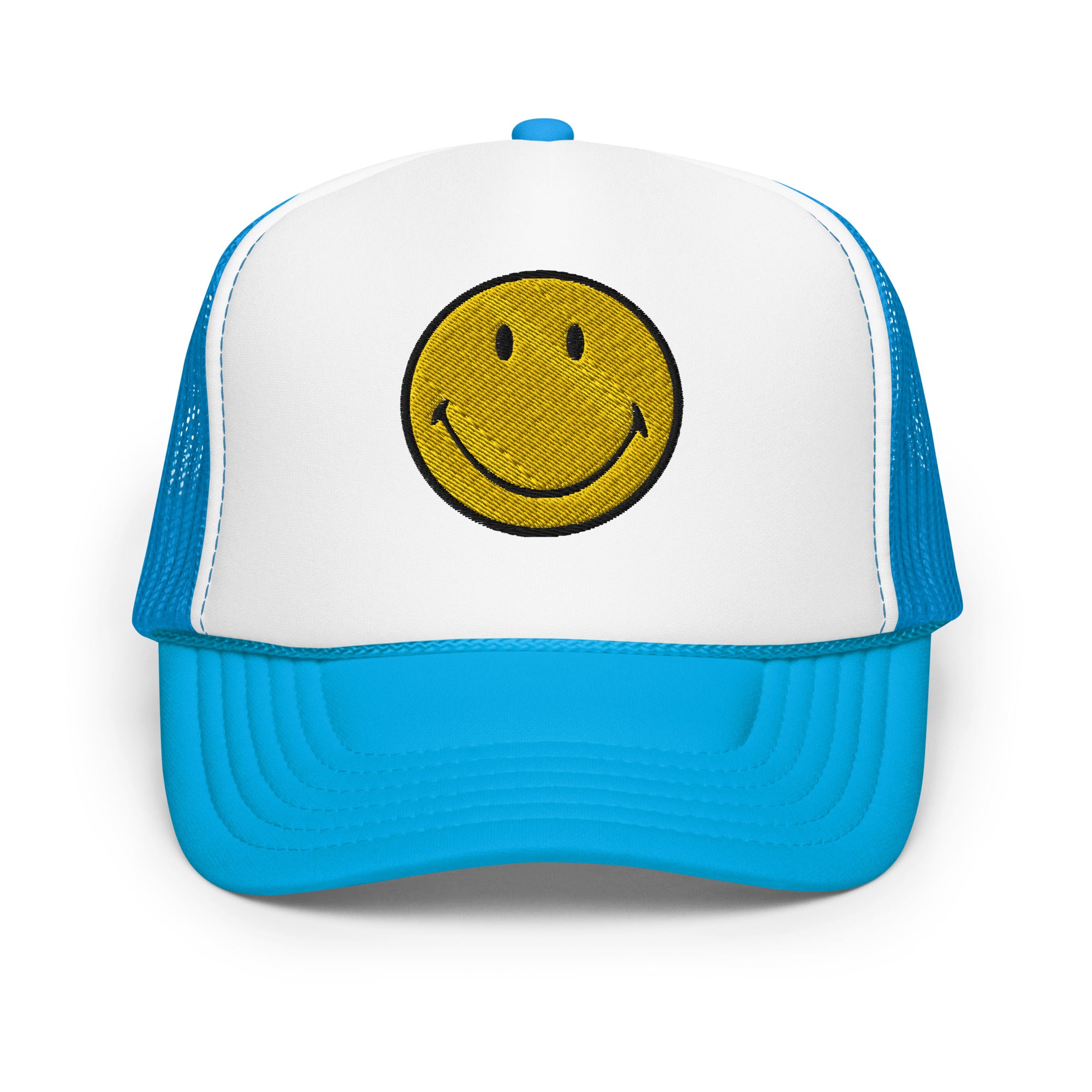Smiley Face Preppy Foam Trucker Cap in Pink and Blue