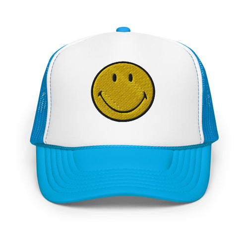 Smiley Face Preppy Foam Trucker Cap in Pink and Blue