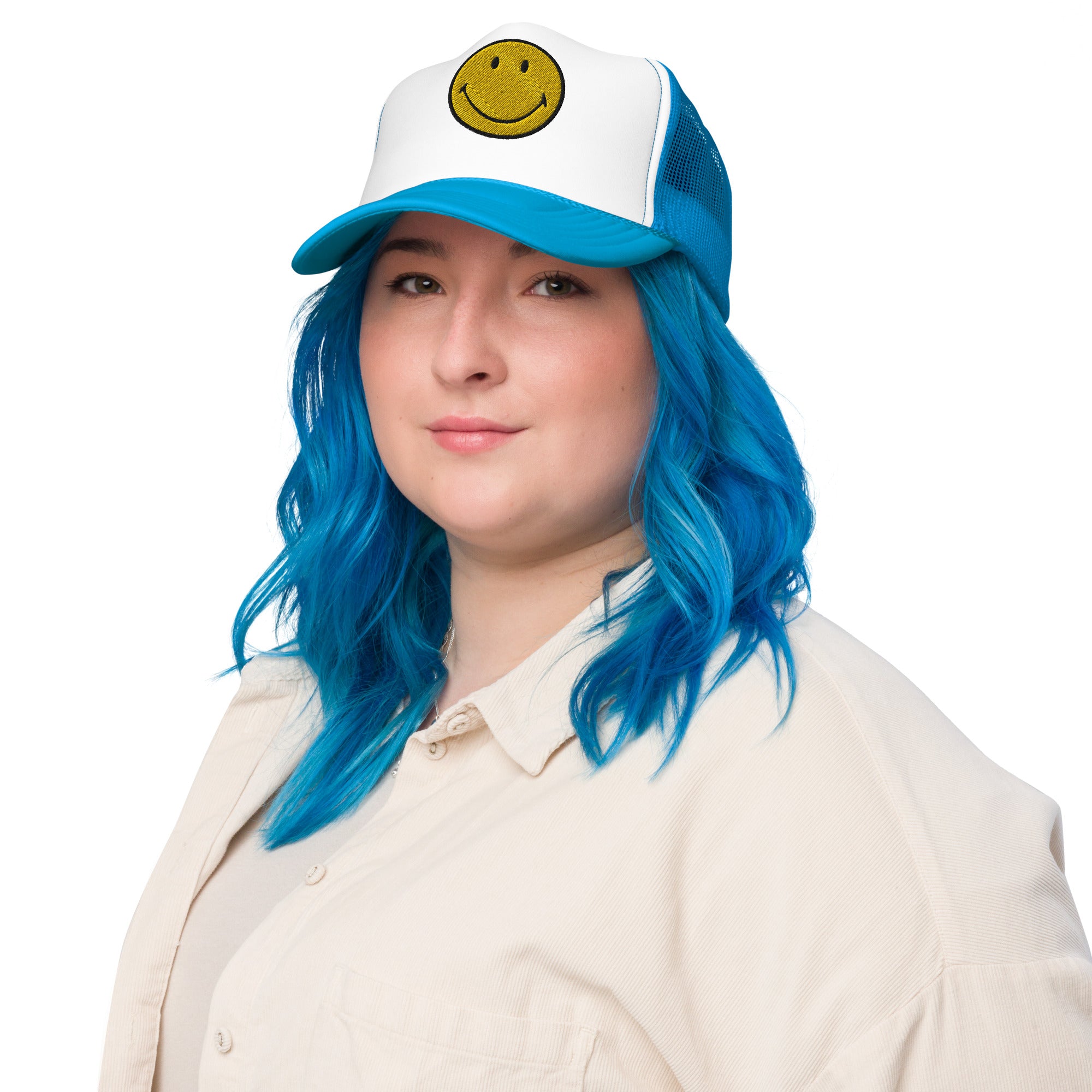 Smiley Face Preppy Foam Trucker Cap in Pink and Blue
