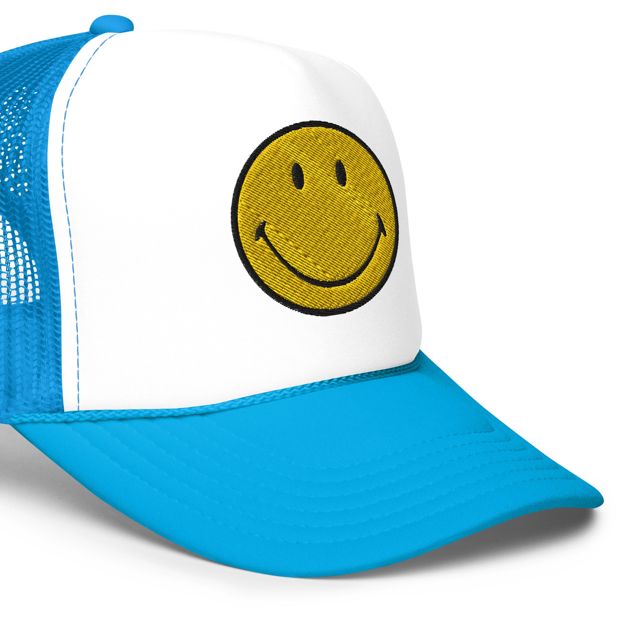 Smiley Face Preppy Foam Trucker Cap in Pink and Blue