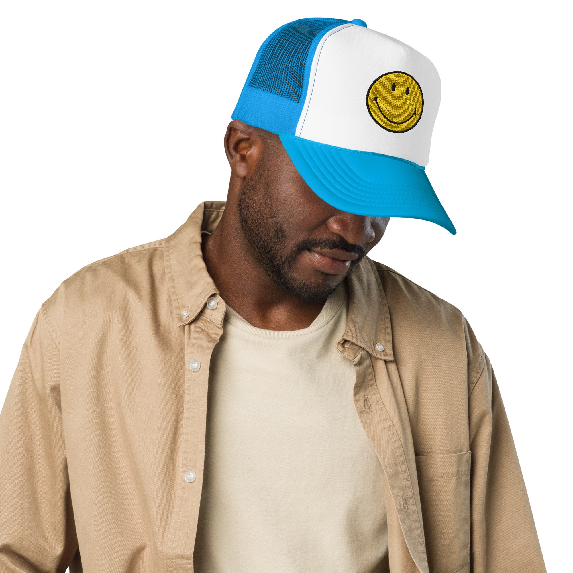 Smiley Face Preppy Foam Trucker Cap in Pink and Blue