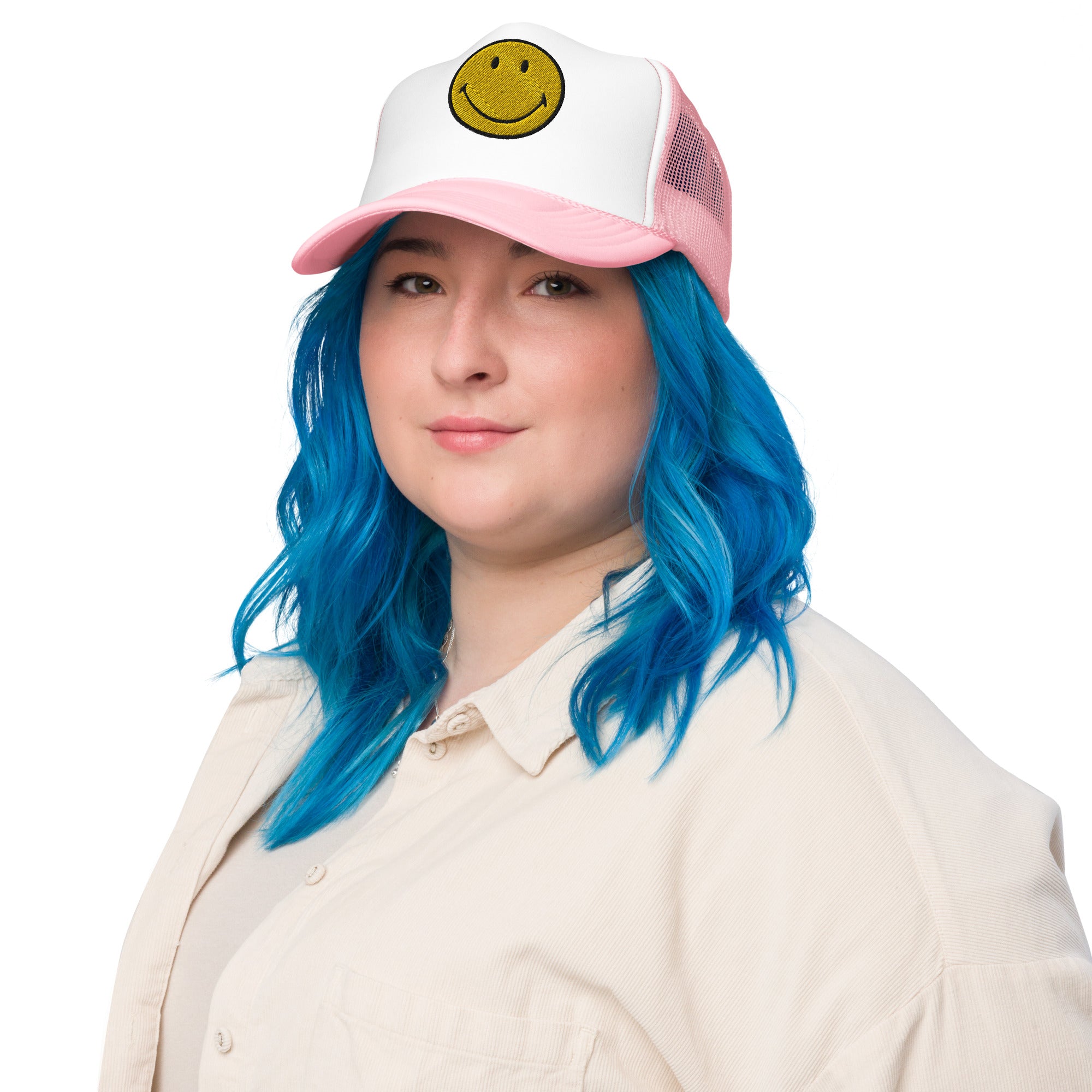 Smiley Face Preppy Foam Trucker Cap in Pink and Blue