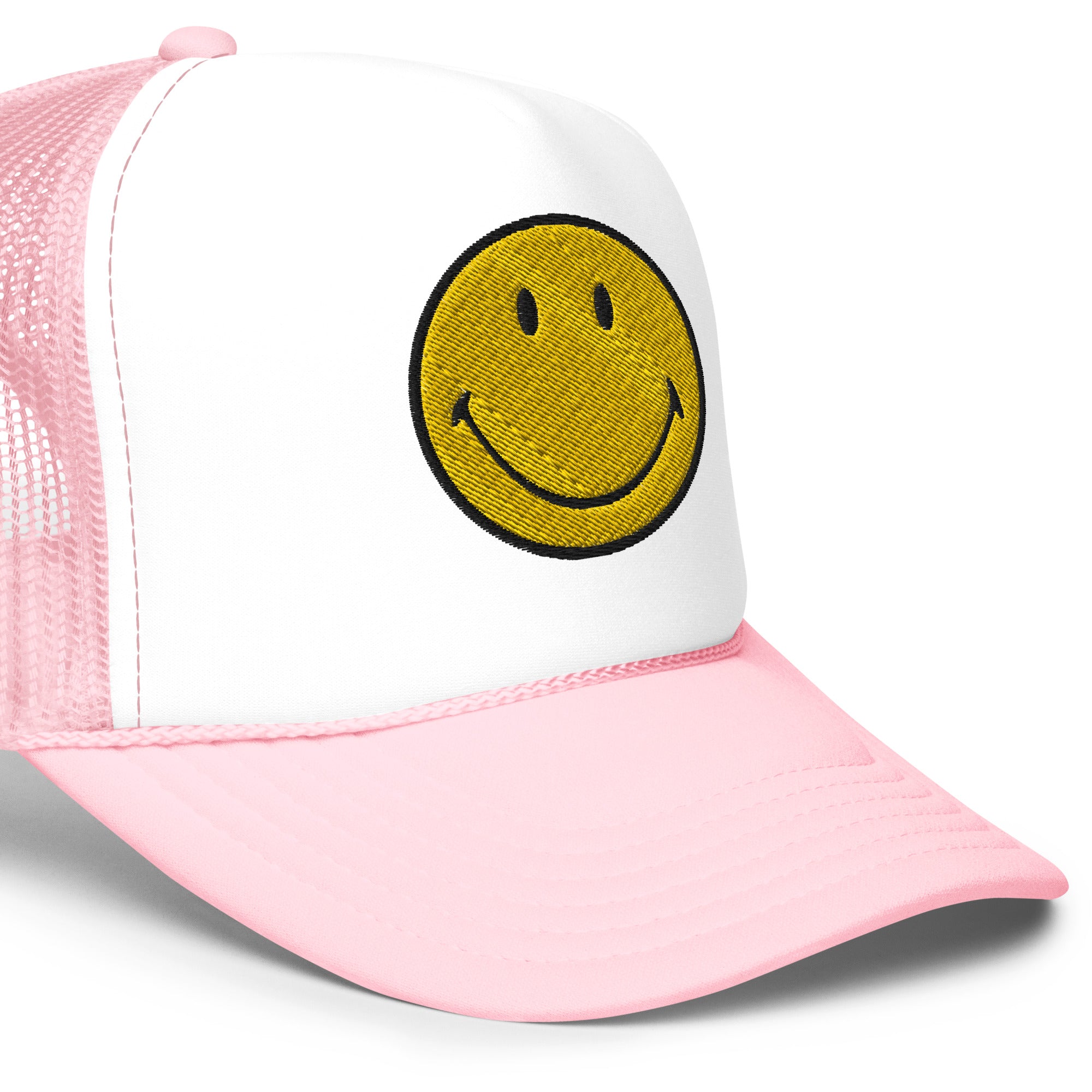 Smiley Face Preppy Foam Trucker Cap in Pink and Blue