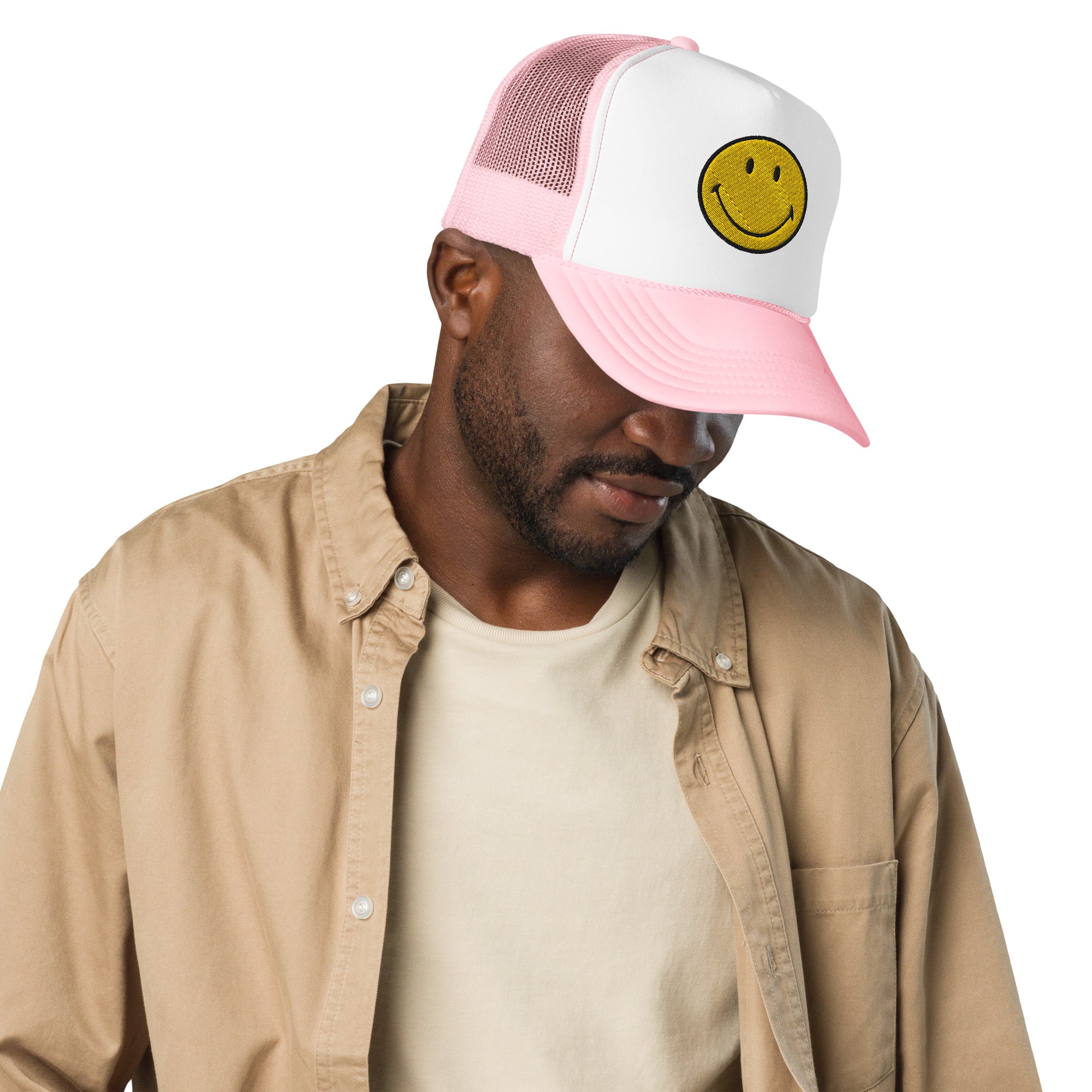 Smiley Face Preppy Foam Trucker Cap in Pink and Blue