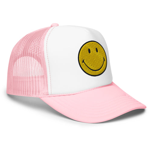 Smiley Face Preppy Foam Trucker Cap in Pink and Blue