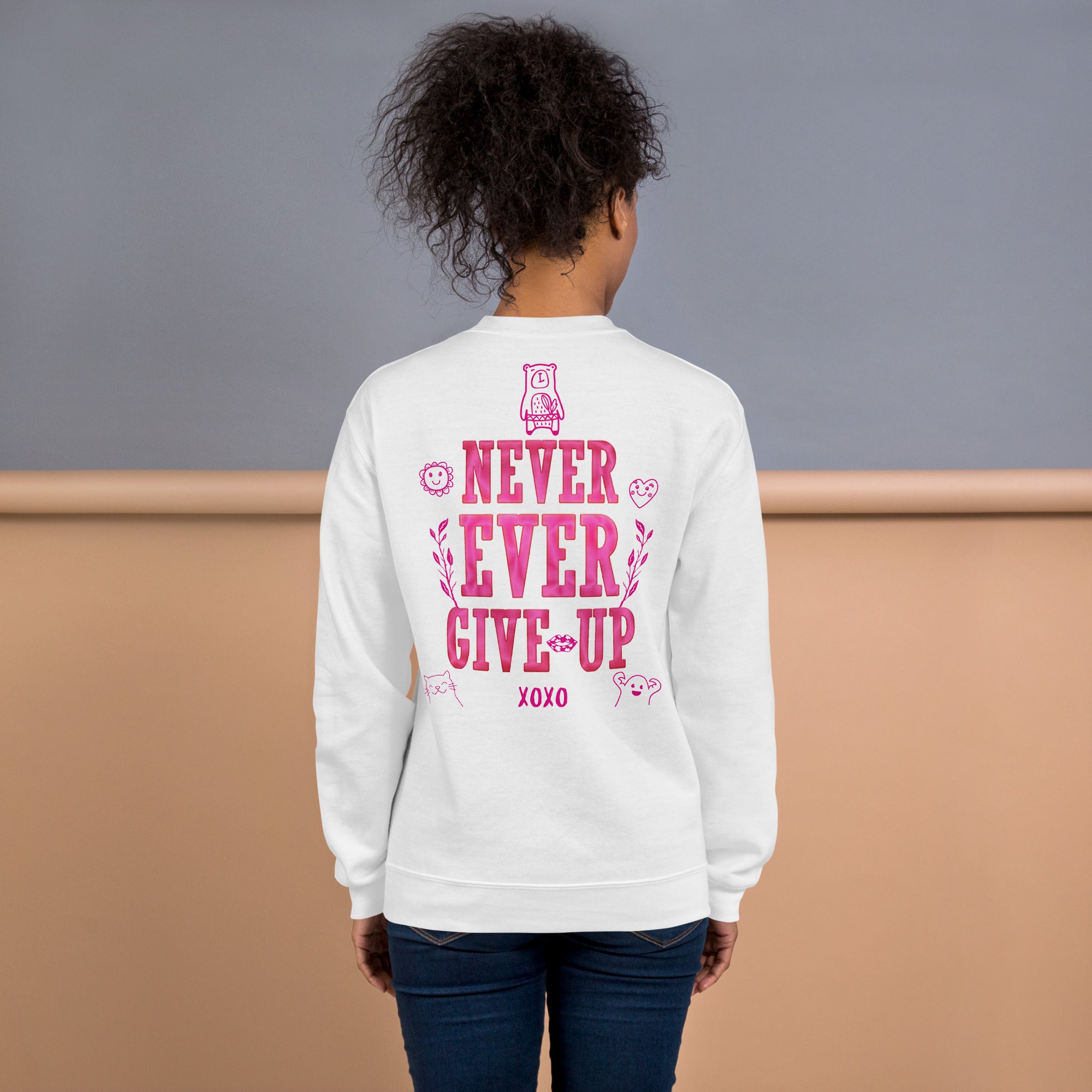 Preppy Never Ever Give Up Inspirational Crewneck Sweatshirt
