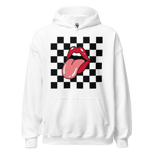 Preppy Rolling Stone Lips on Checkerboard Print Hoodie