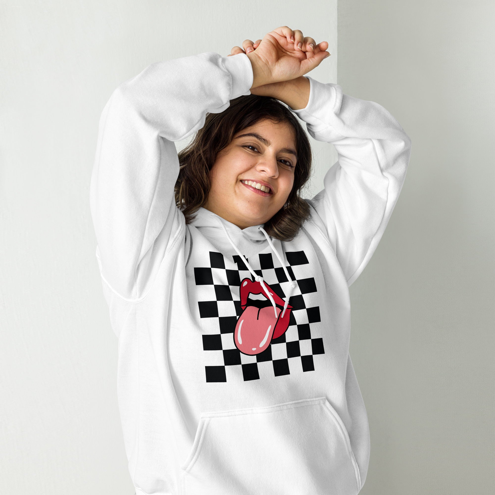 Preppy Rolling Stone Lips on Checkerboard Print Hoodie
