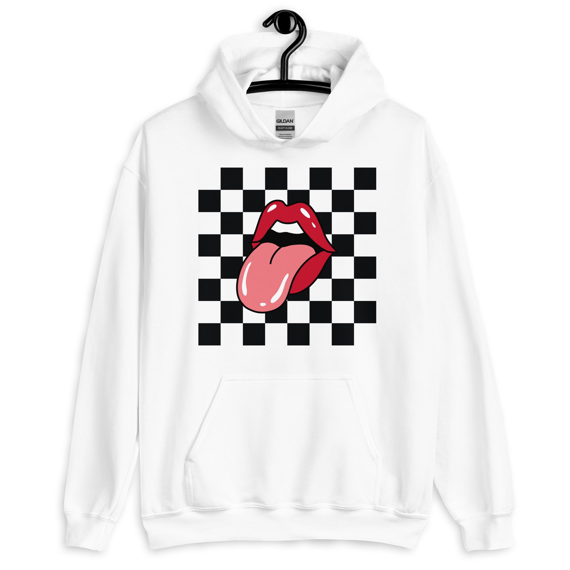 Preppy Rolling Stone Lips on Checkerboard Print Hoodie