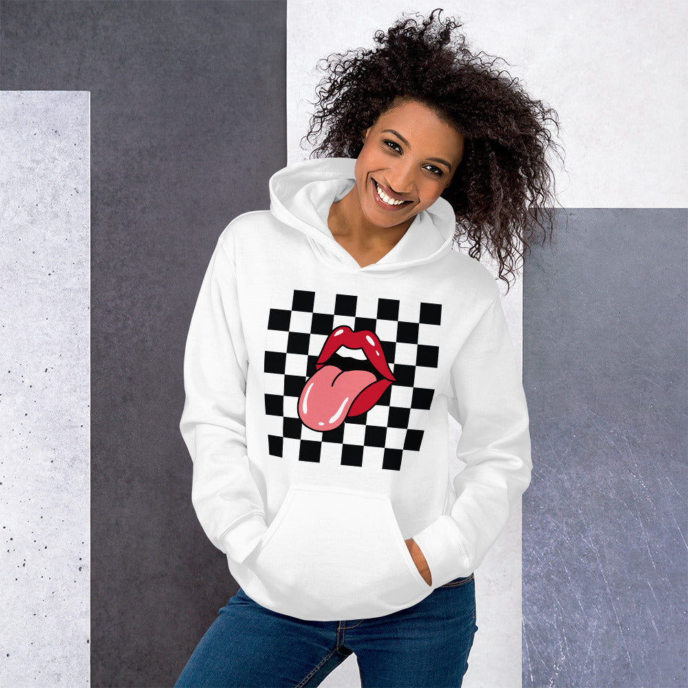 Preppy Rolling Stone Lips on Checkerboard Print Hoodie
