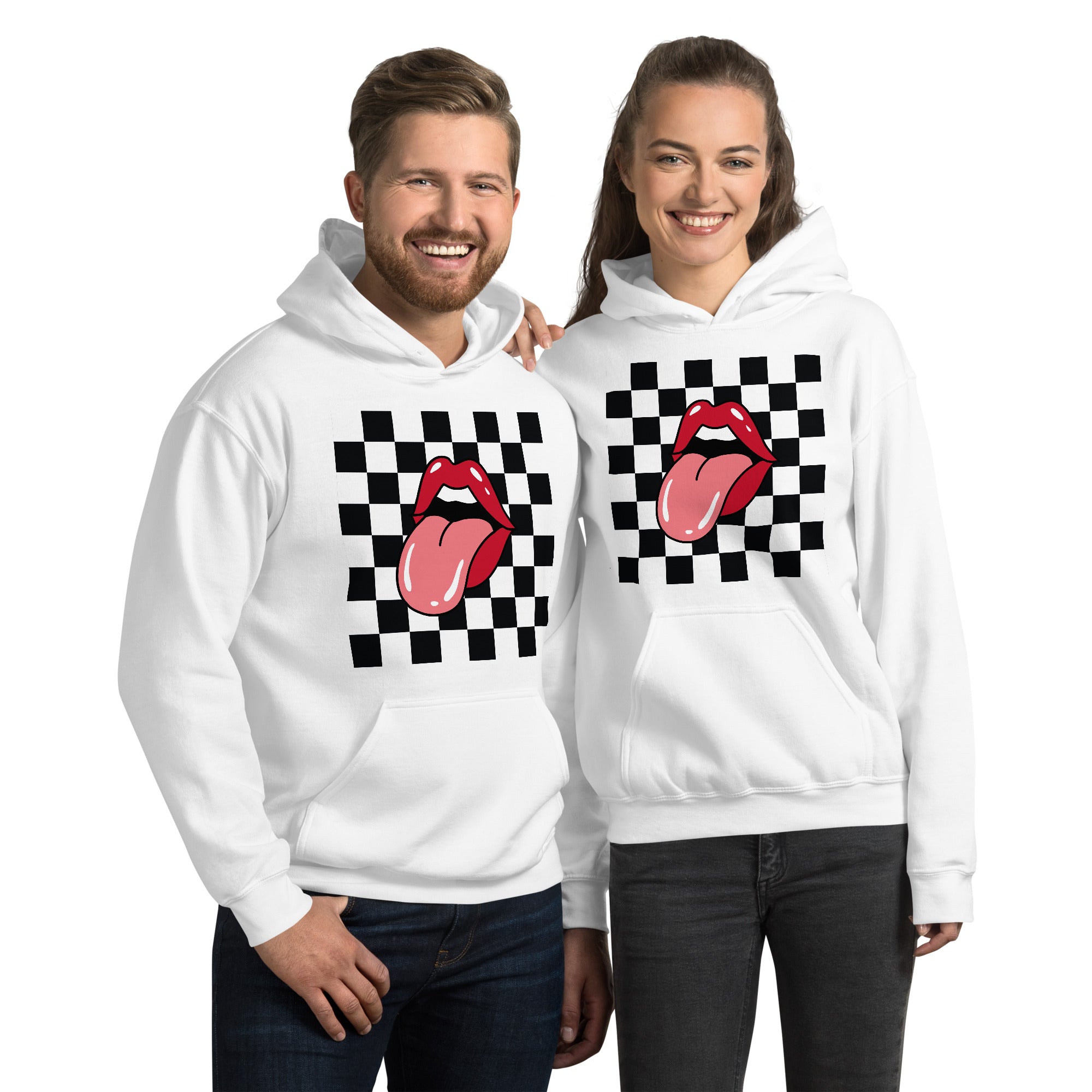 Preppy Rolling Stone Lips on Checkerboard Print Hoodie