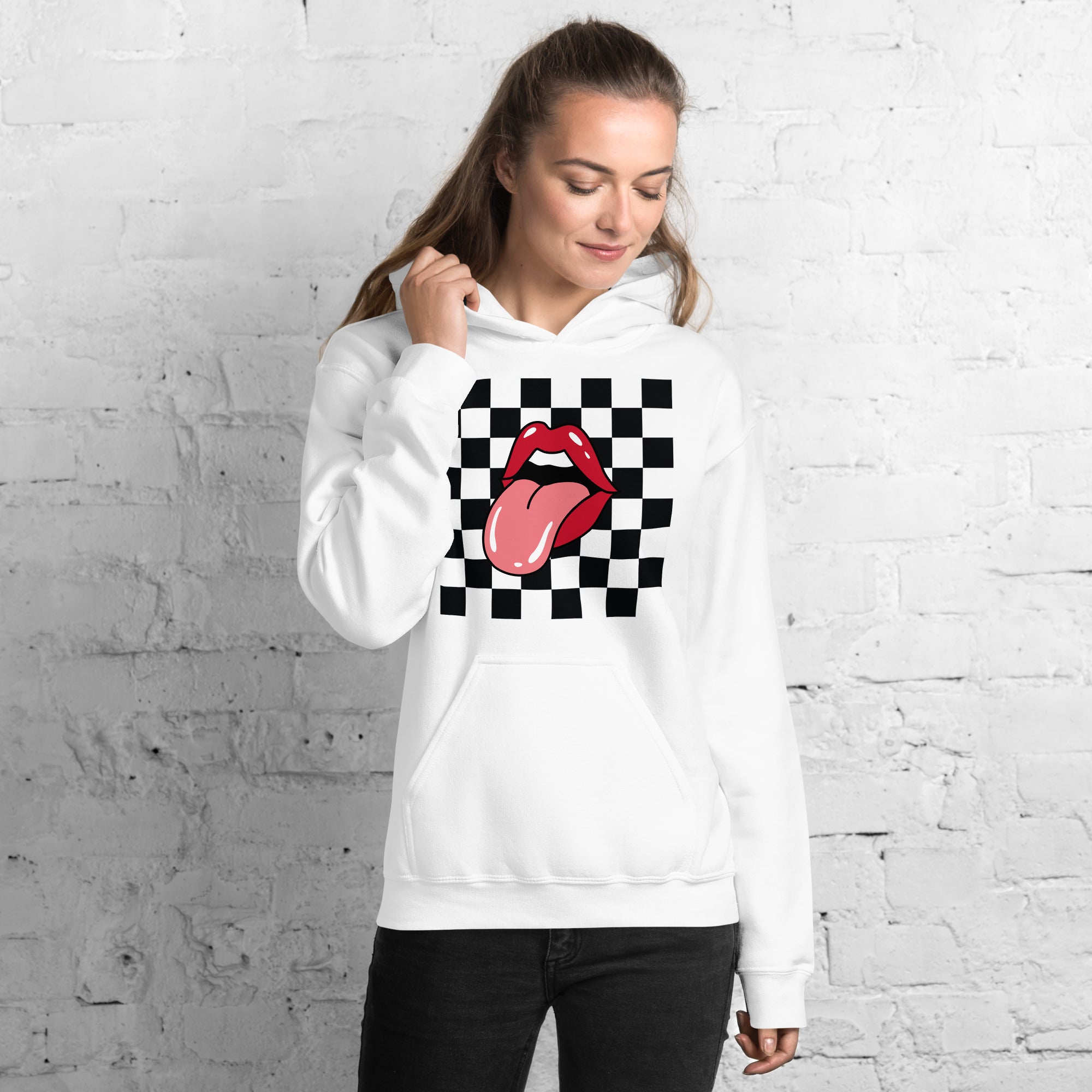 Preppy Rolling Stone Lips on Checkerboard Print Hoodie