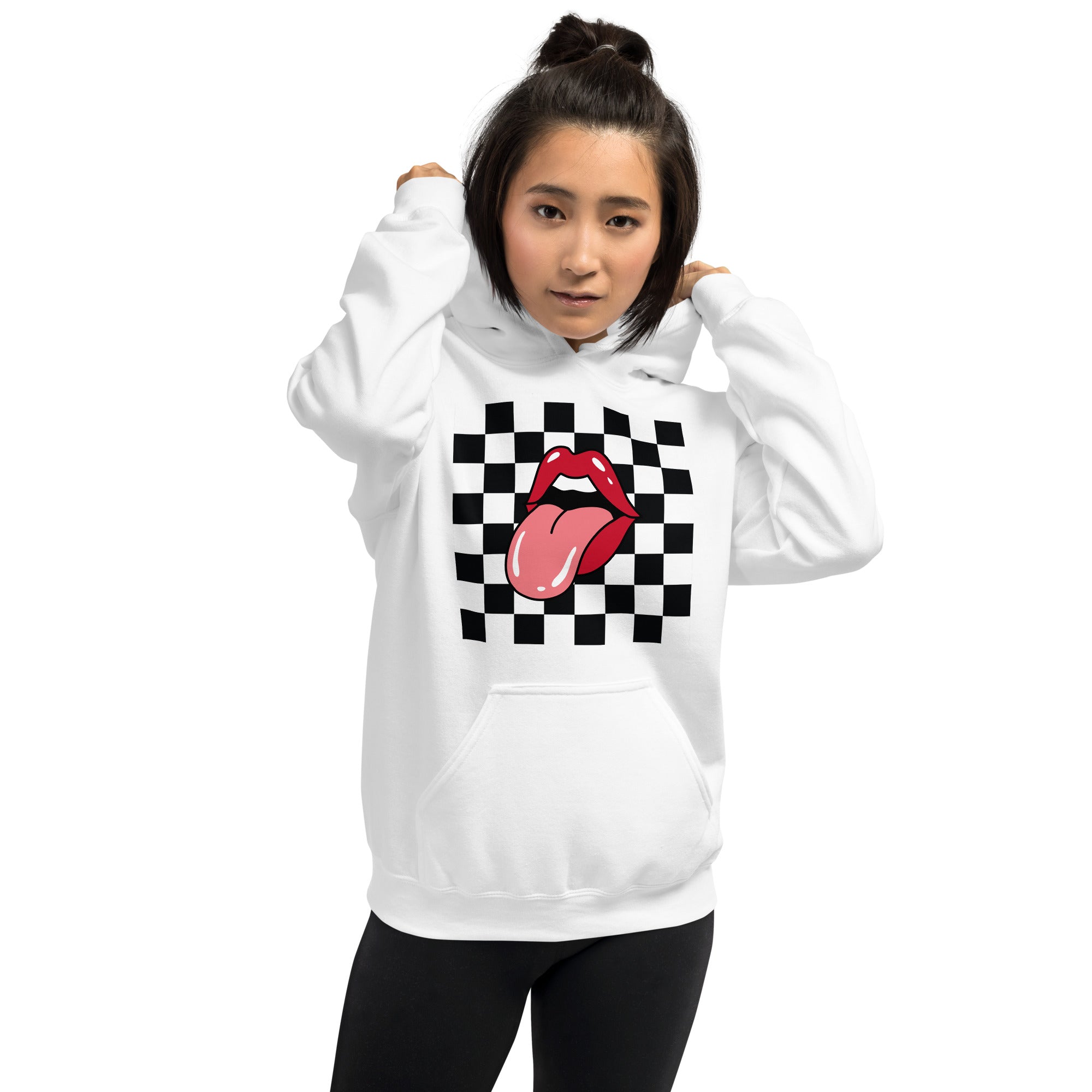 Preppy Rolling Stone Lips on Checkerboard Print Hoodie