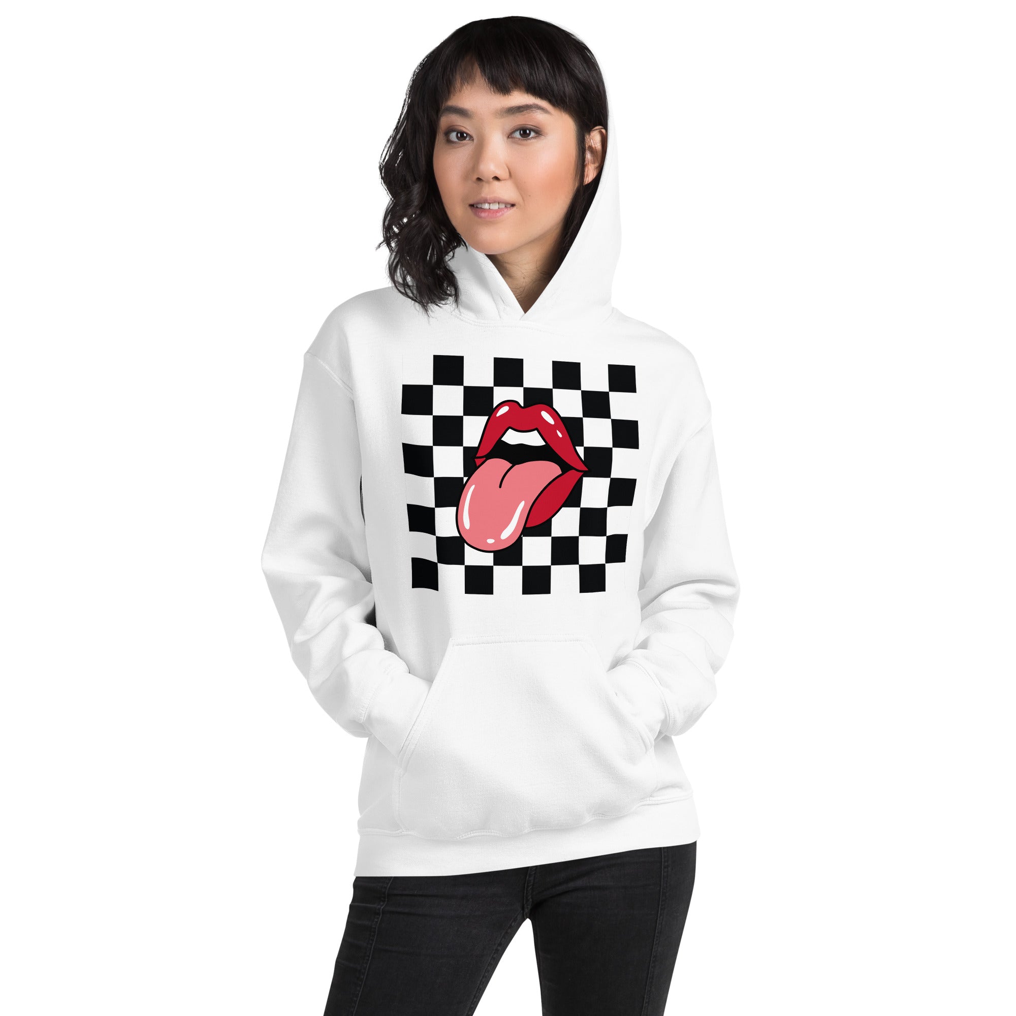 Preppy Rolling Stone Lips on Checkerboard Print Hoodie
