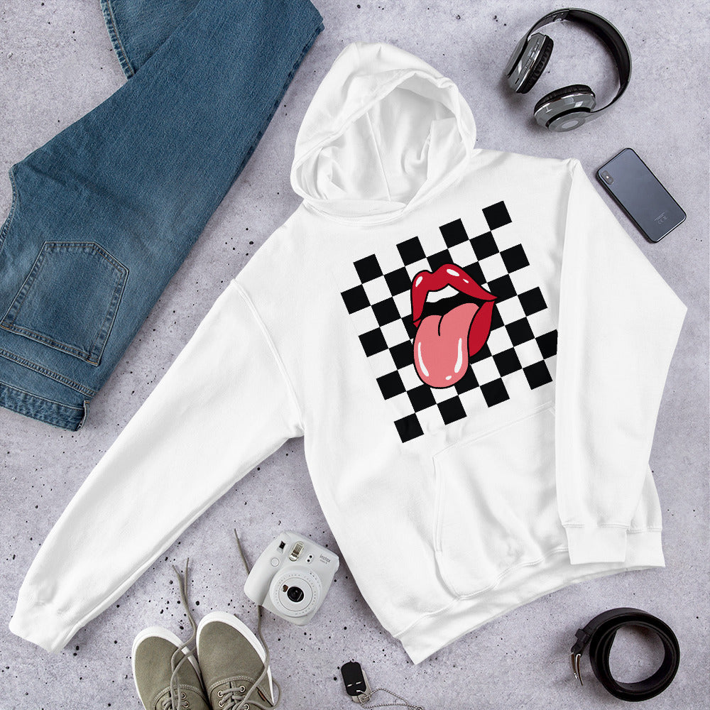 Preppy Rolling Stone Lips on Checkerboard Print Hoodie