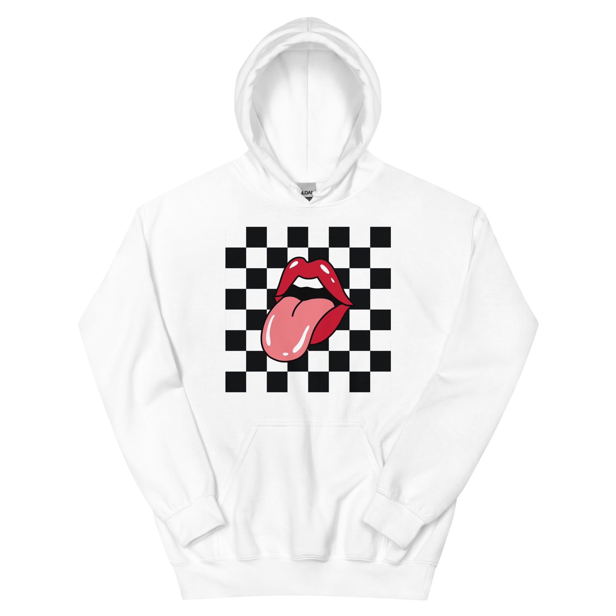 Preppy Rolling Stone Lips on Checkerboard Print Hoodie