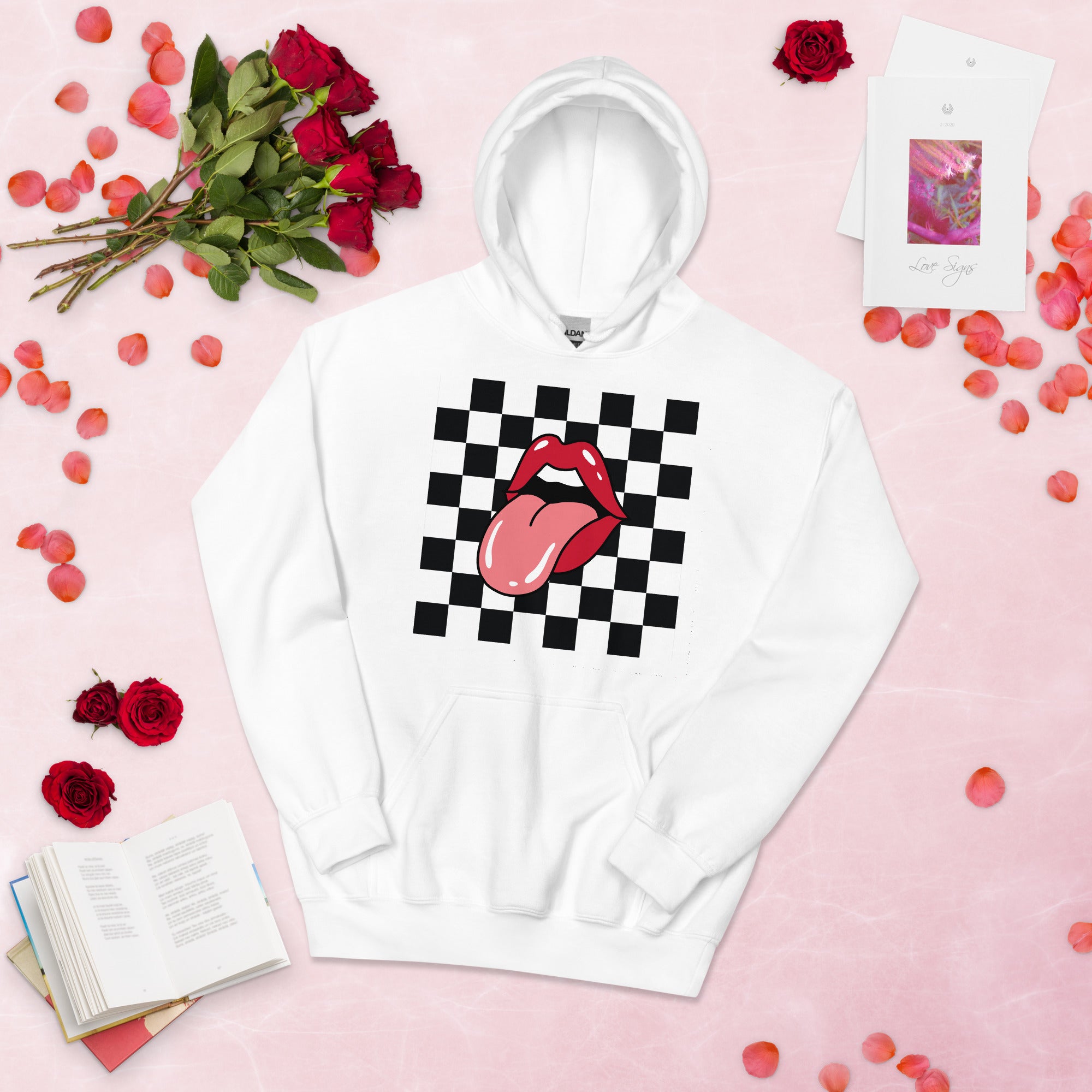 Preppy Rolling Stone Lips on Checkerboard Print Hoodie