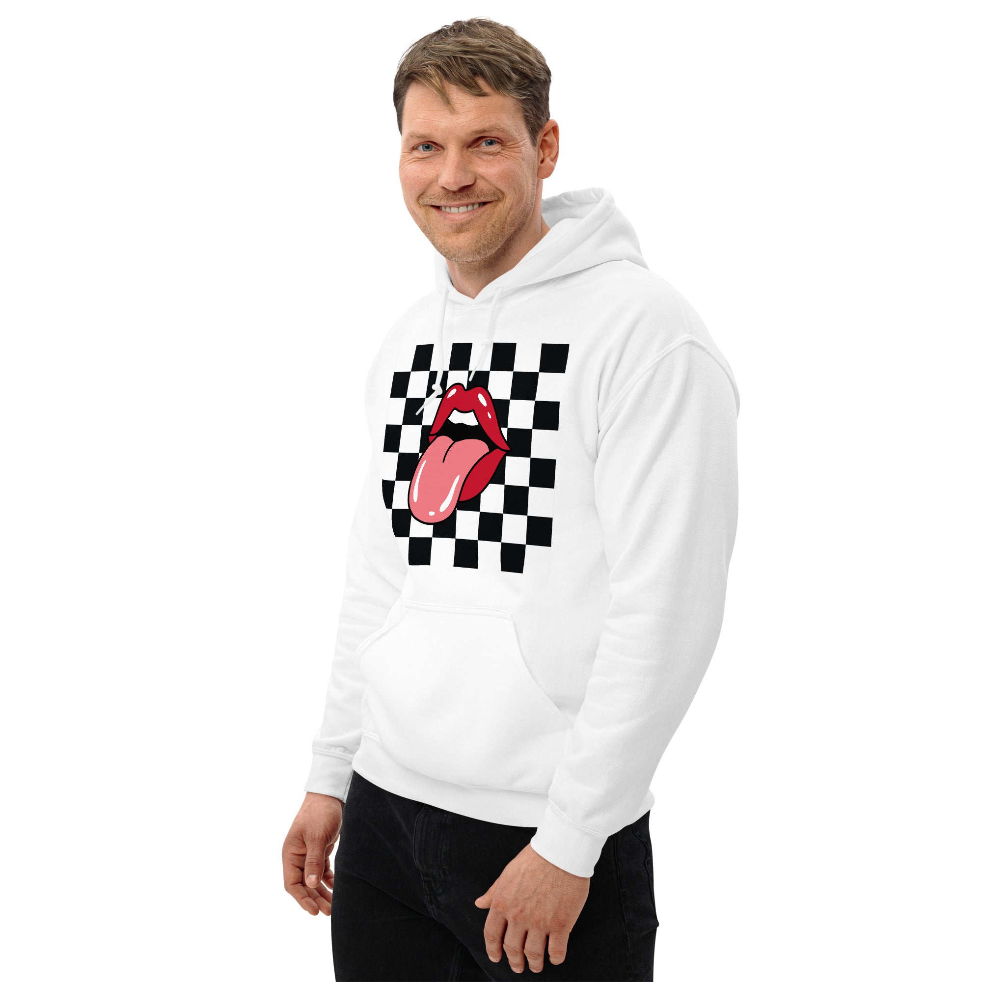 Preppy Rolling Stone Lips on Checkerboard Print Hoodie