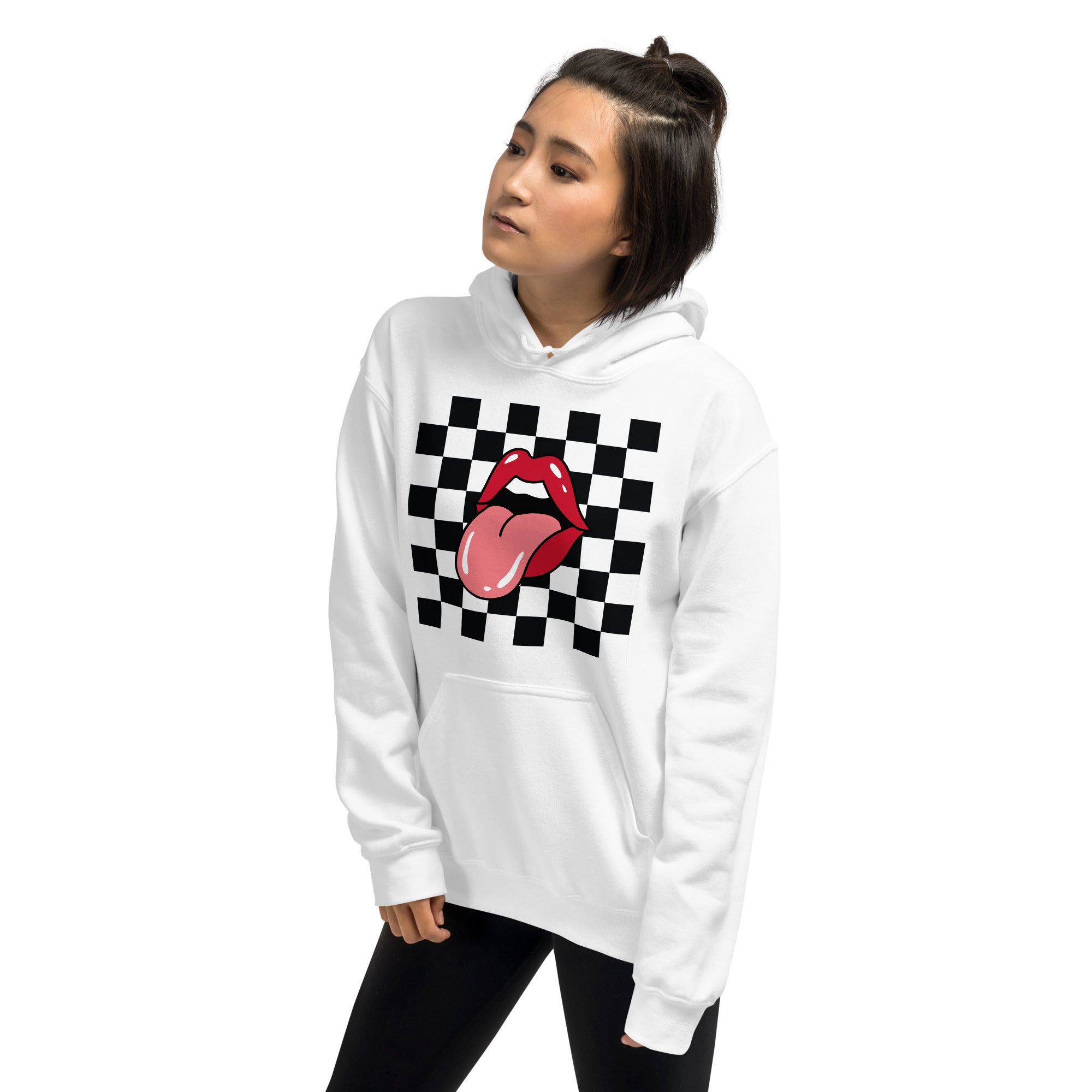 Preppy Rolling Stone Lips on Checkerboard Print Hoodie