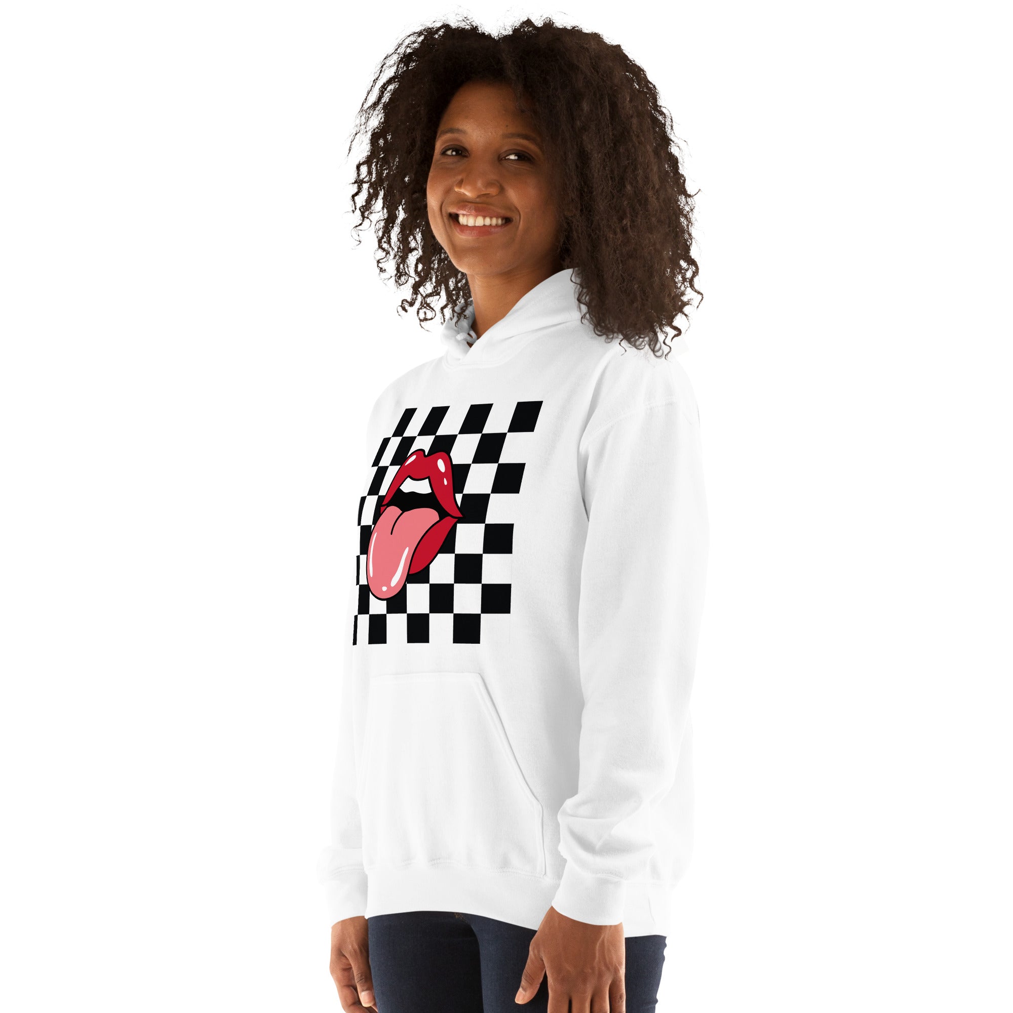 Preppy Rolling Stone Lips on Checkerboard Print Hoodie