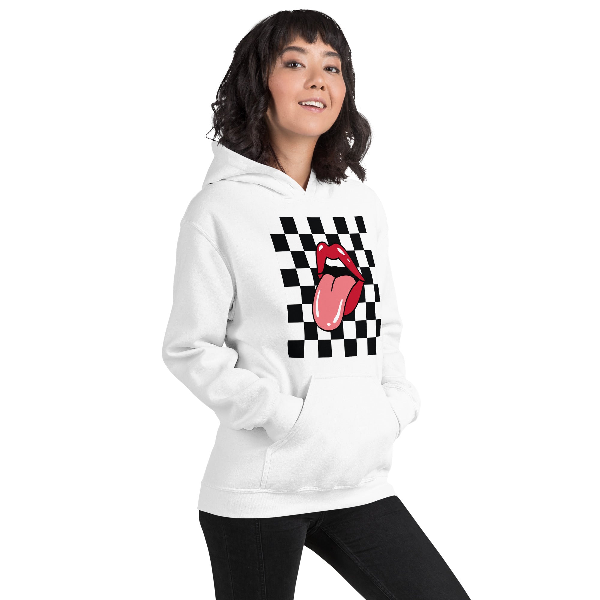 Preppy Rolling Stone Lips on Checkerboard Print Hoodie