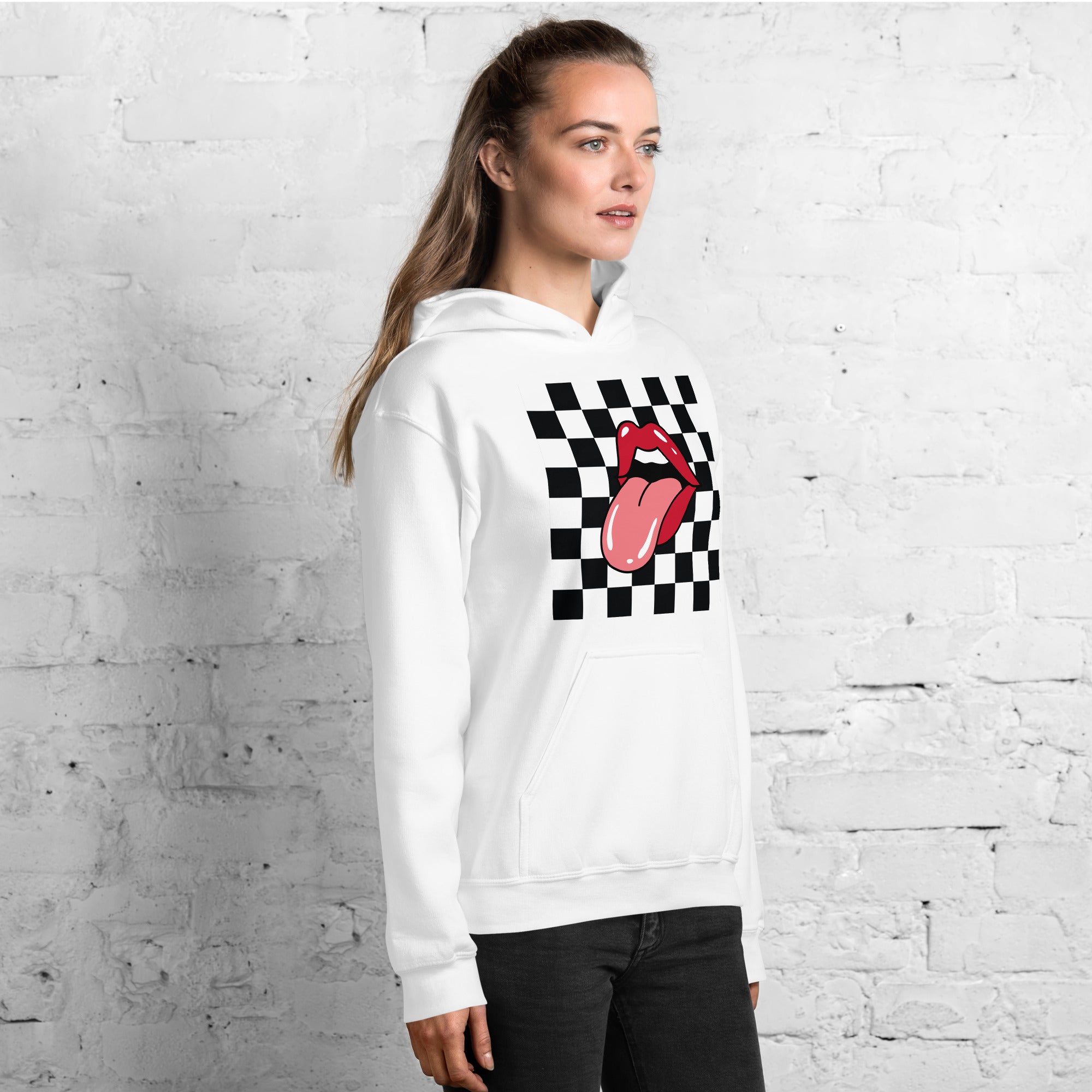 Preppy Rolling Stone Lips on Checkerboard Print Hoodie