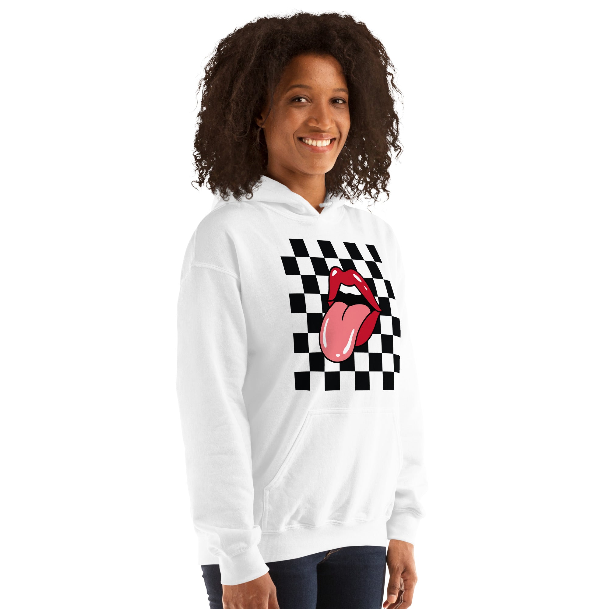 Preppy Rolling Stone Lips on Checkerboard Print Hoodie