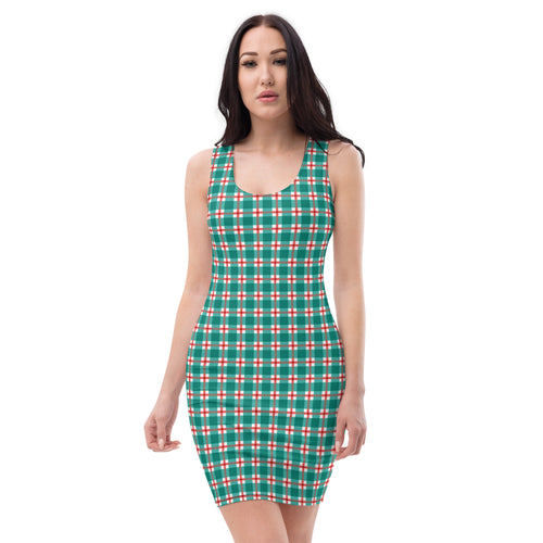 Green and Red Striped Plaid Grid Bodycon Dress