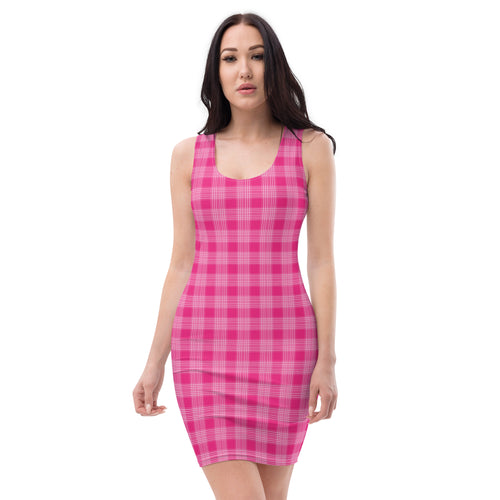 Shocking Pink Gingham Checkered Pattern Bodycon Dress